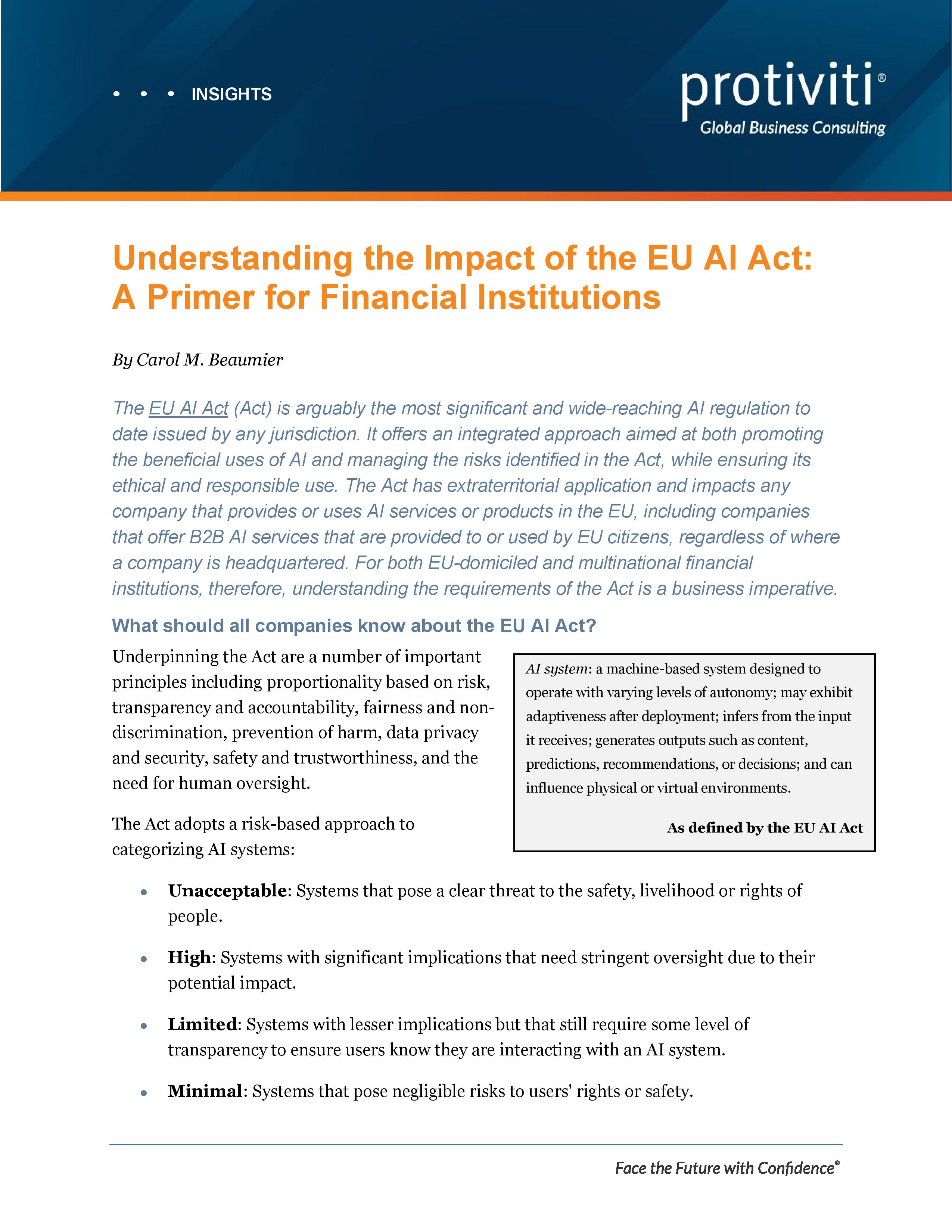 screenshot of the first page of Understanding the Impact of the EU AI Act A Primer for Financial Institutions