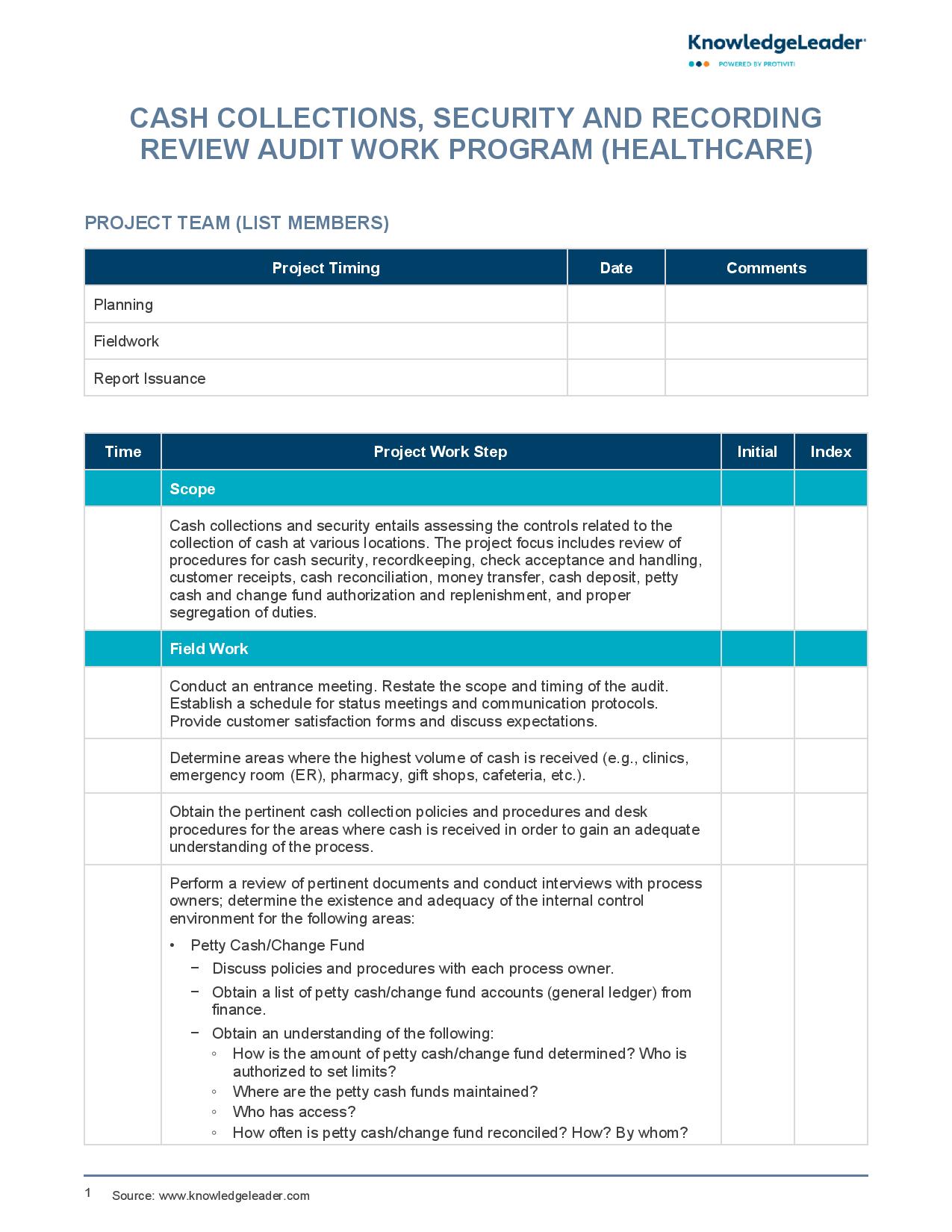 screenshot of the first page of Cash Collections, Security and Recording Review Audit Work Program (Healthcare)