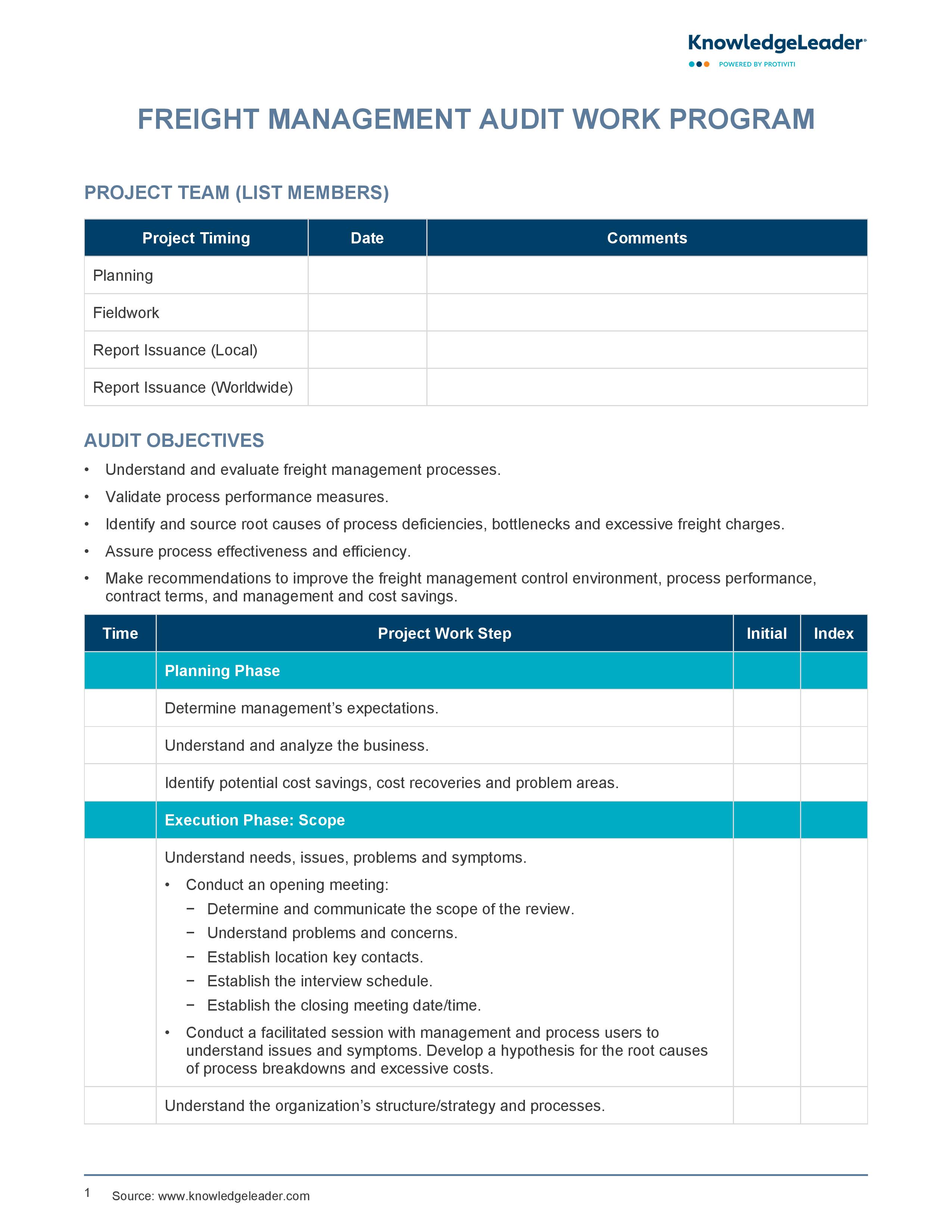 screenshot of the first page of Freight Management Audit Work Program