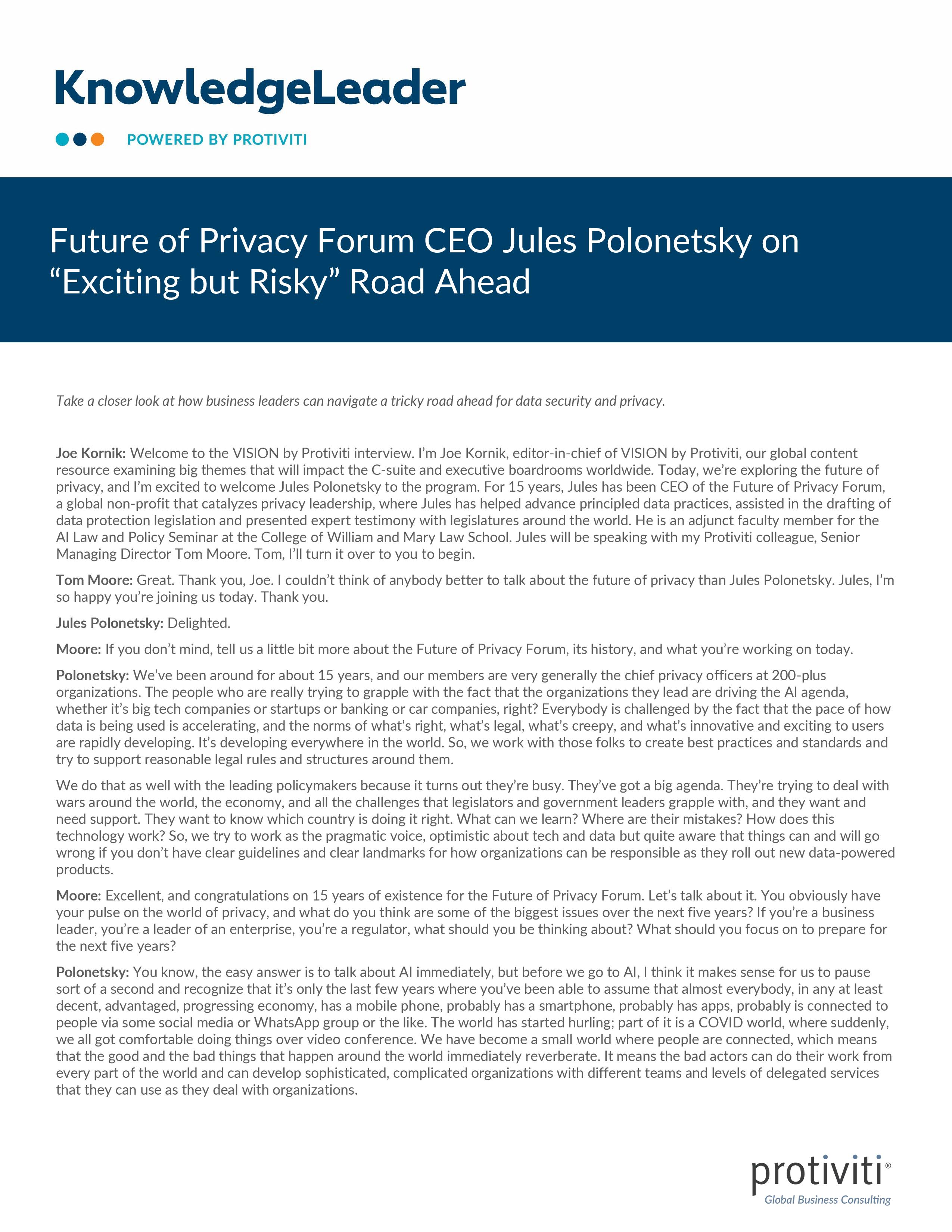 screenshot of the first page of Future of Privacy Forum CEO Jules Polonetsky on “Exciting but Risky” Road Ahead