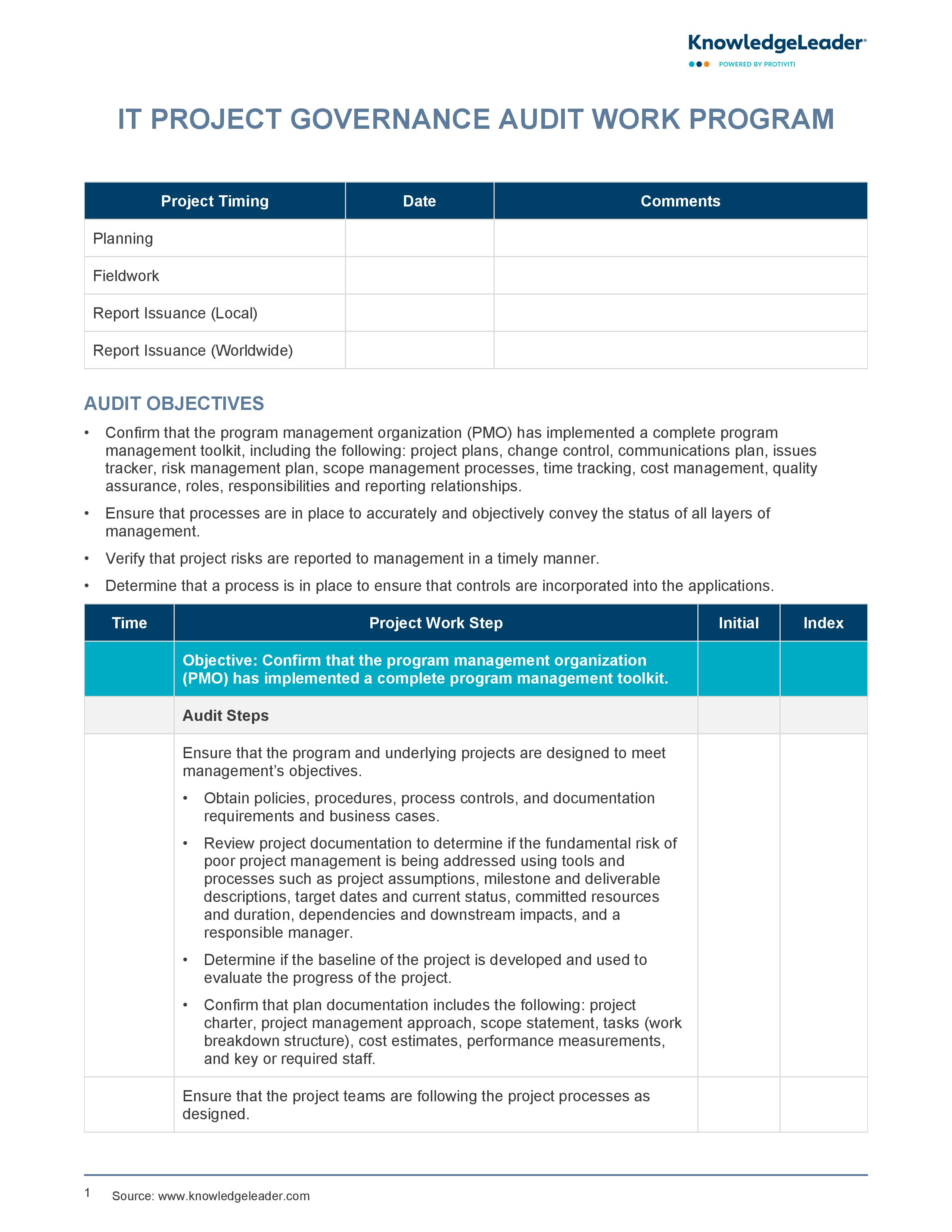 screenshot of the first page of IT Project Governance Audit Work Program