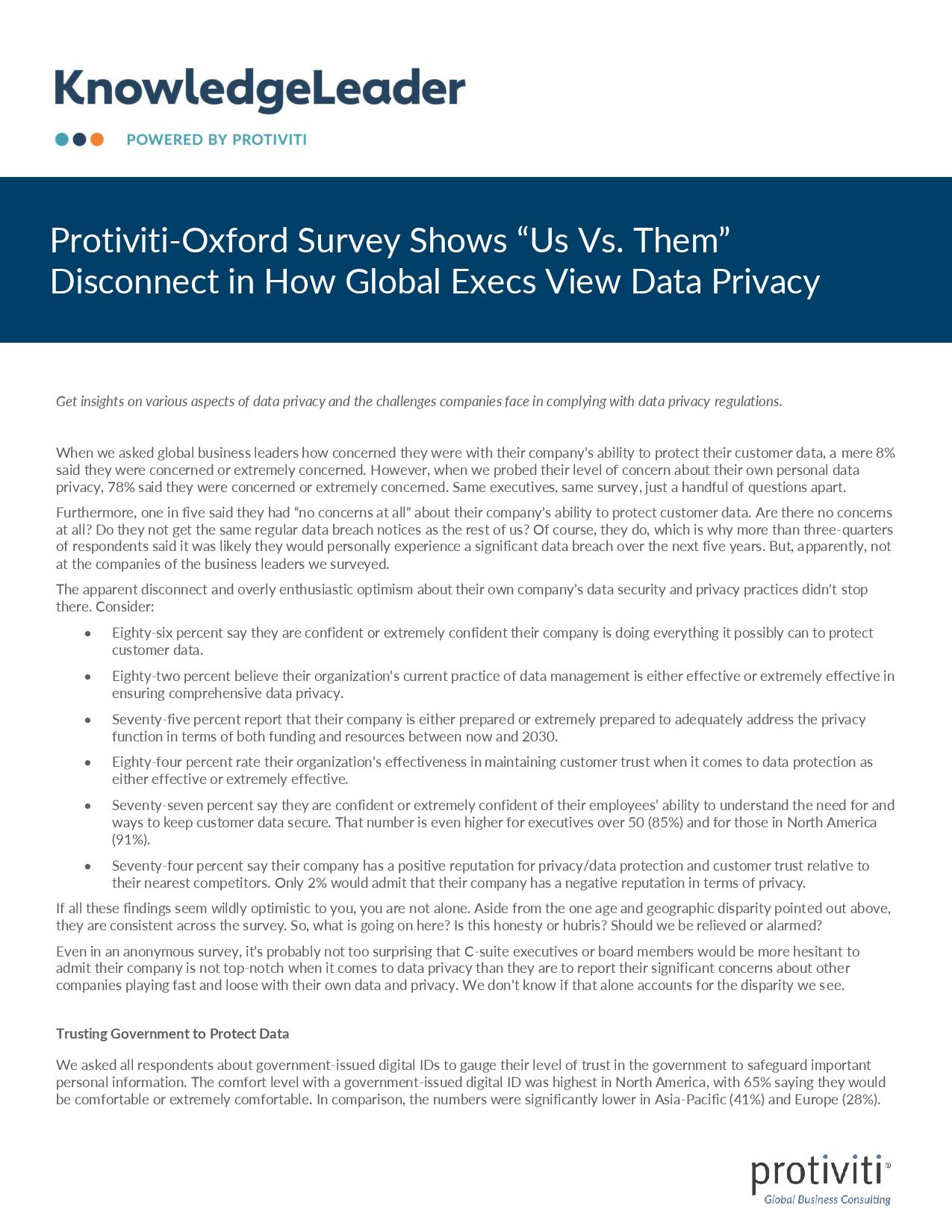 screenshot of the first page of Protiviti-Oxford Survey Shows “Us Vs. Them” Disconnect in How Global Execs View Data Privacy