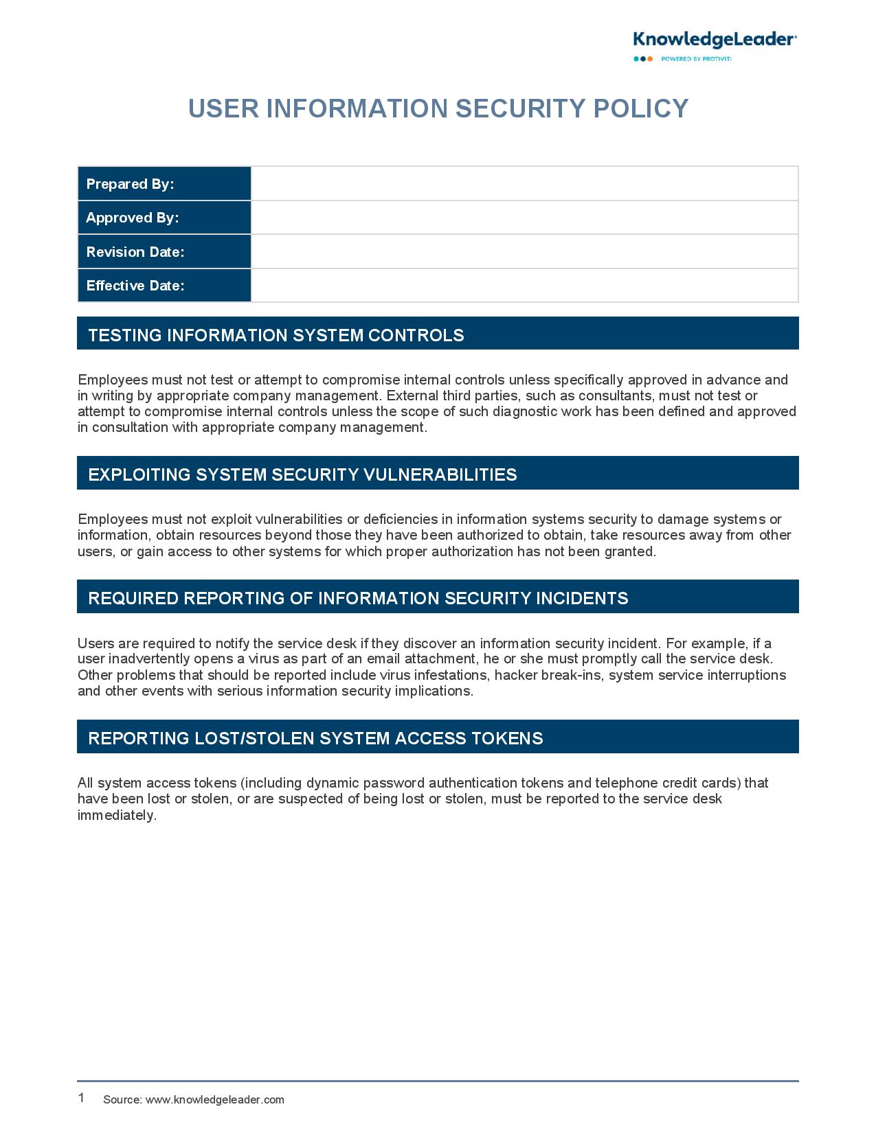 Screenshot of the first page of User Information Security Policy