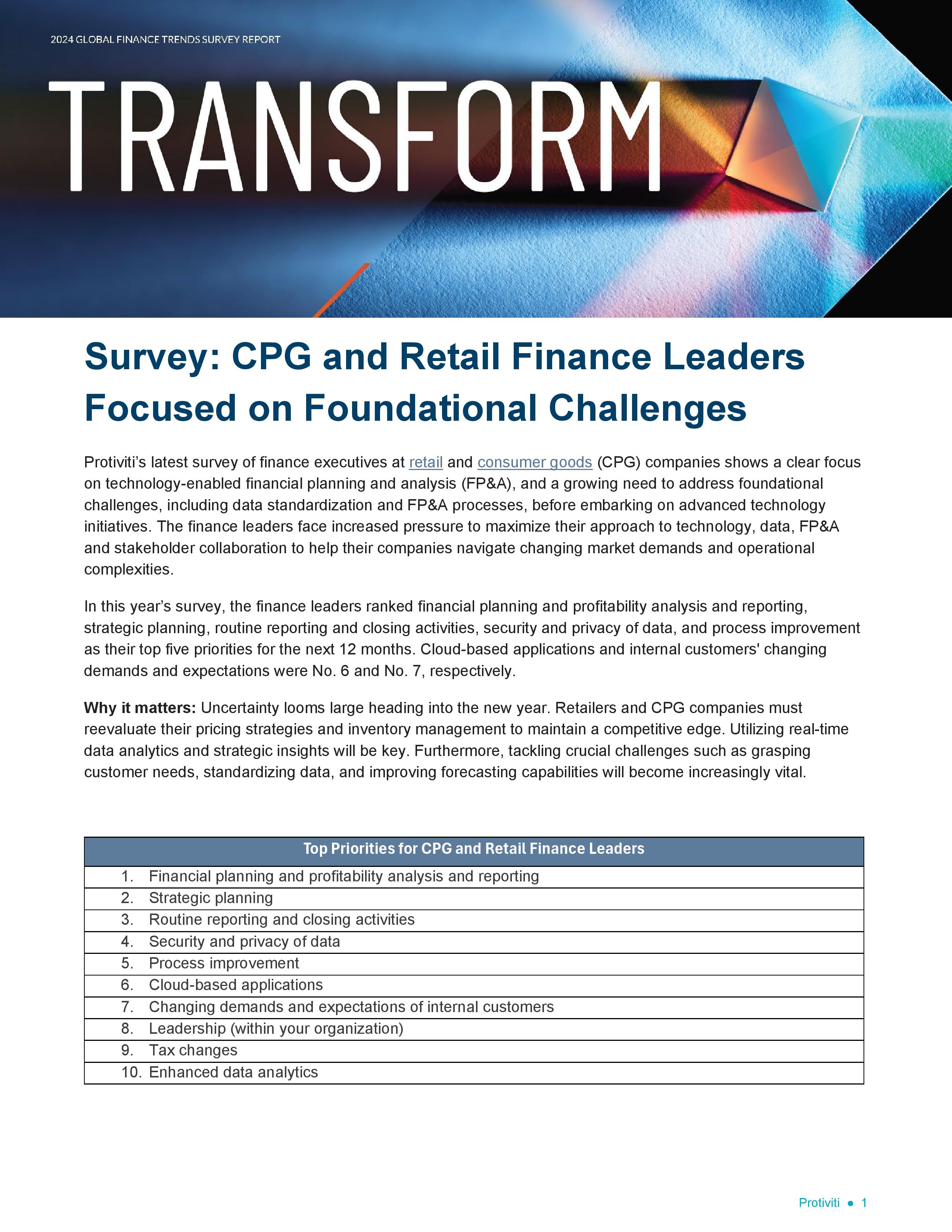 screenshot of the first page of 2024 Finance Trends Survey Report Consumer Products and Retail Industry Group