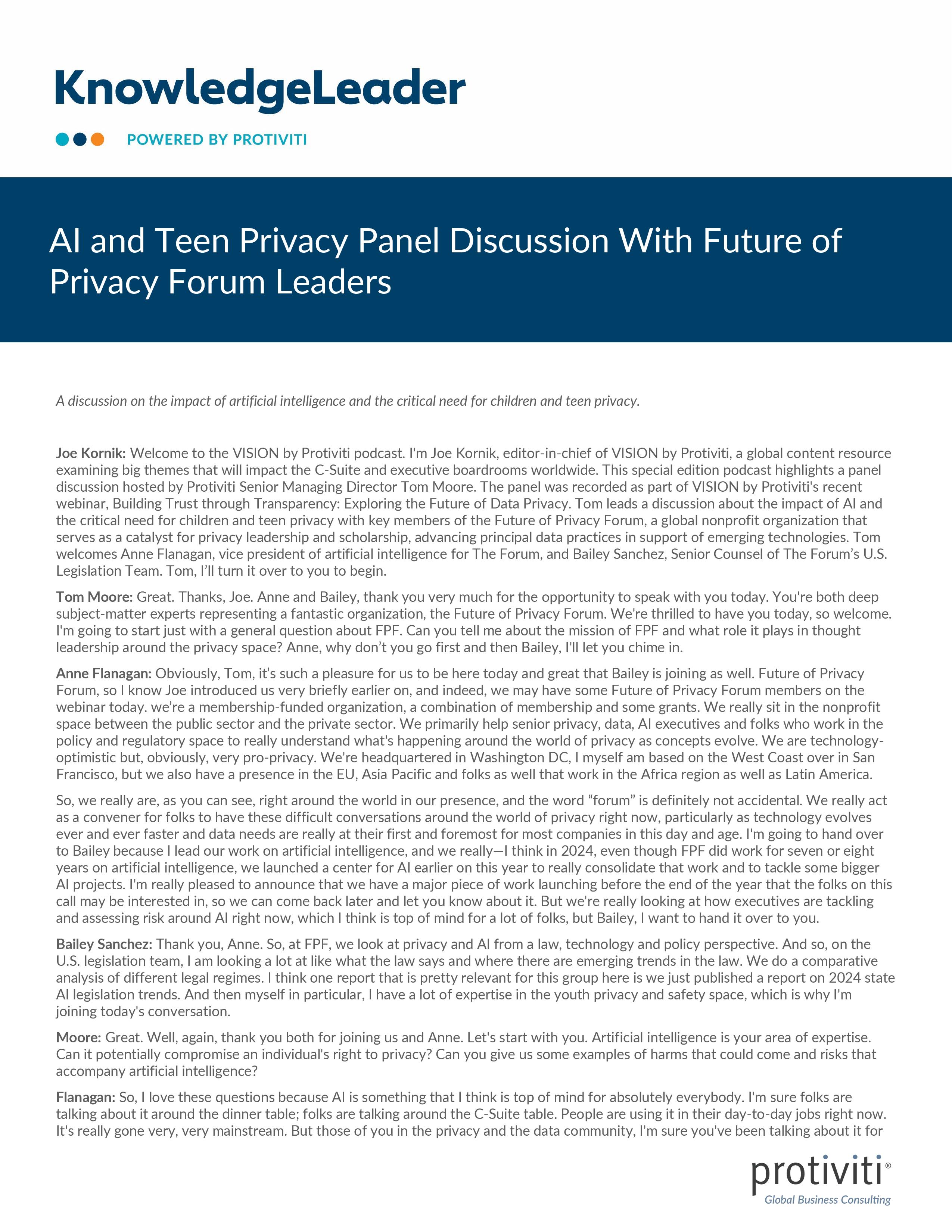 screenshot of the first page of AI and Teen Privacy Panel Discussion With Future of Privacy Forum Leaders