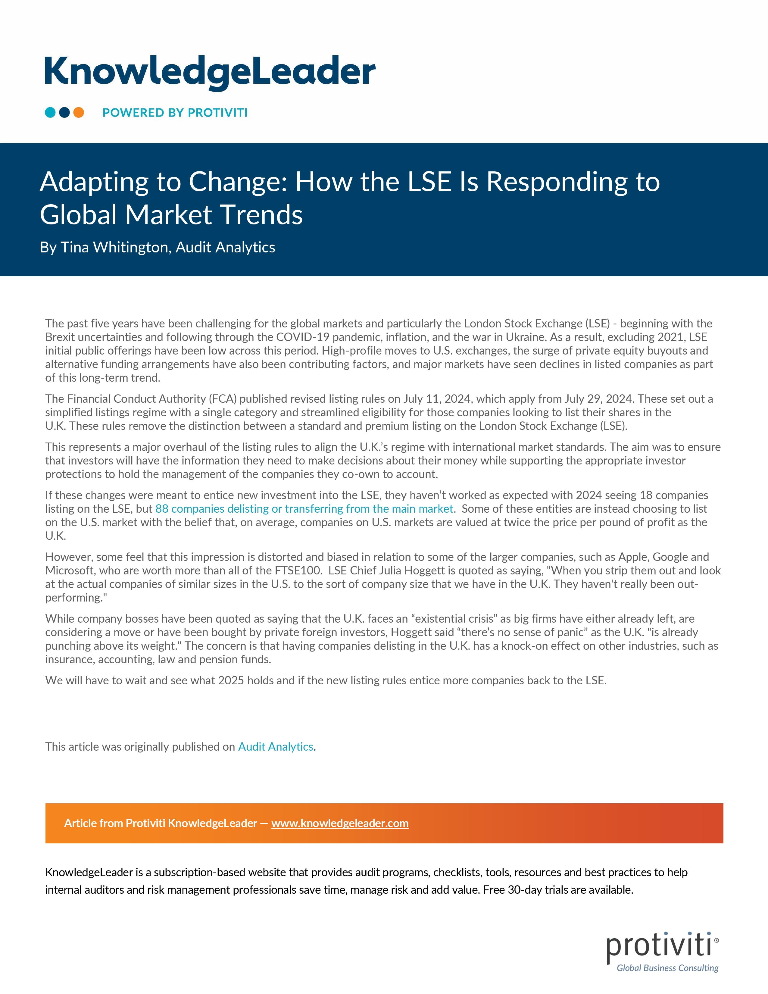 Screenshot of the first page of Adapting to Change How the LSE Is Responding to Global Market Trends