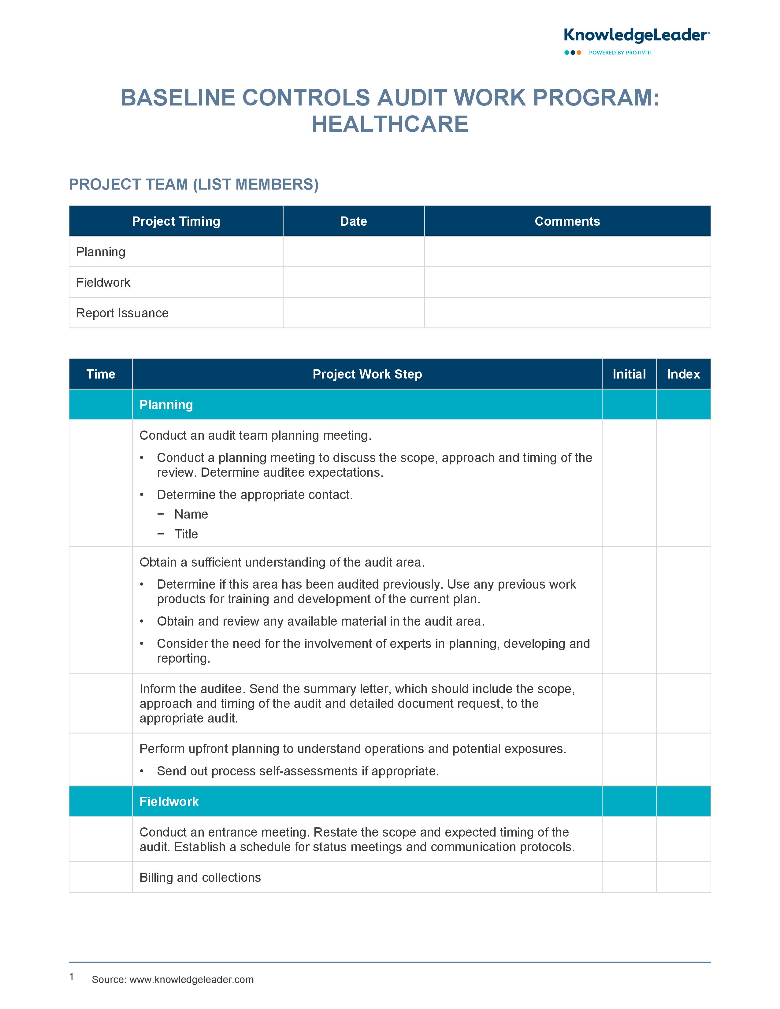 screenshot of the first page of Baseline Controls Audit Work Program_Healthcare