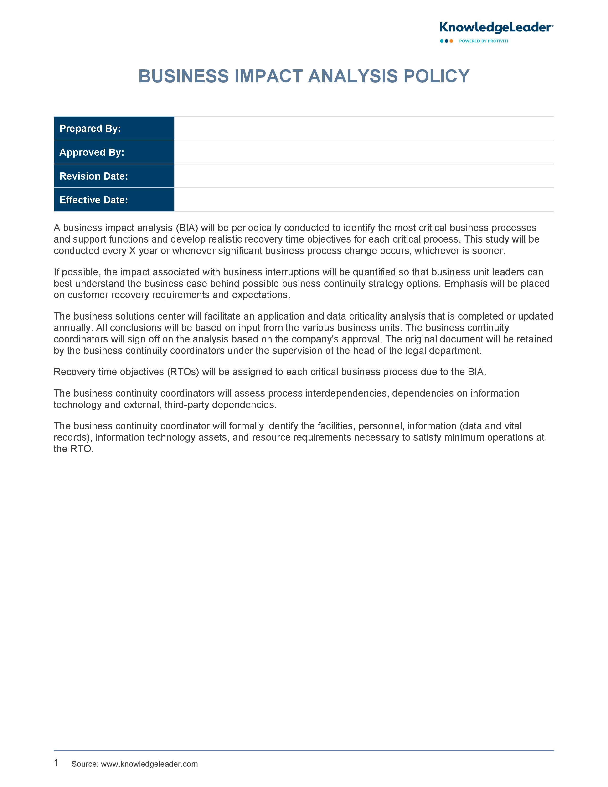 screenshot of the first page of Business Impact Analysis Policy