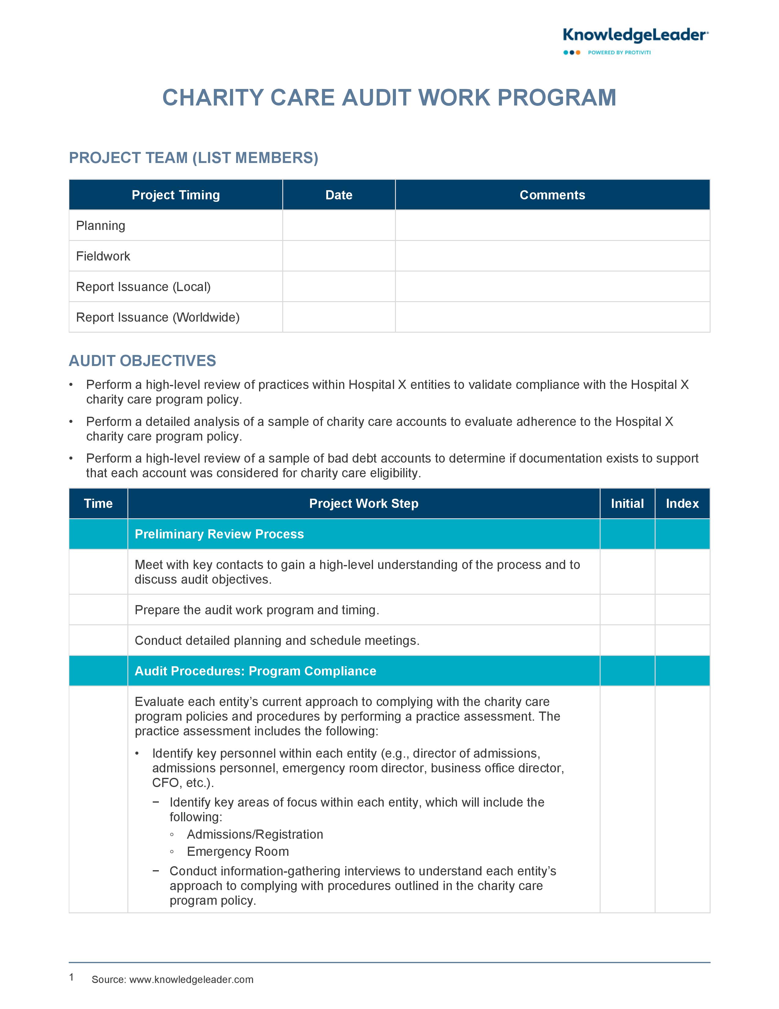 screenshot of the first page of Charity Care Audit Work Program-page