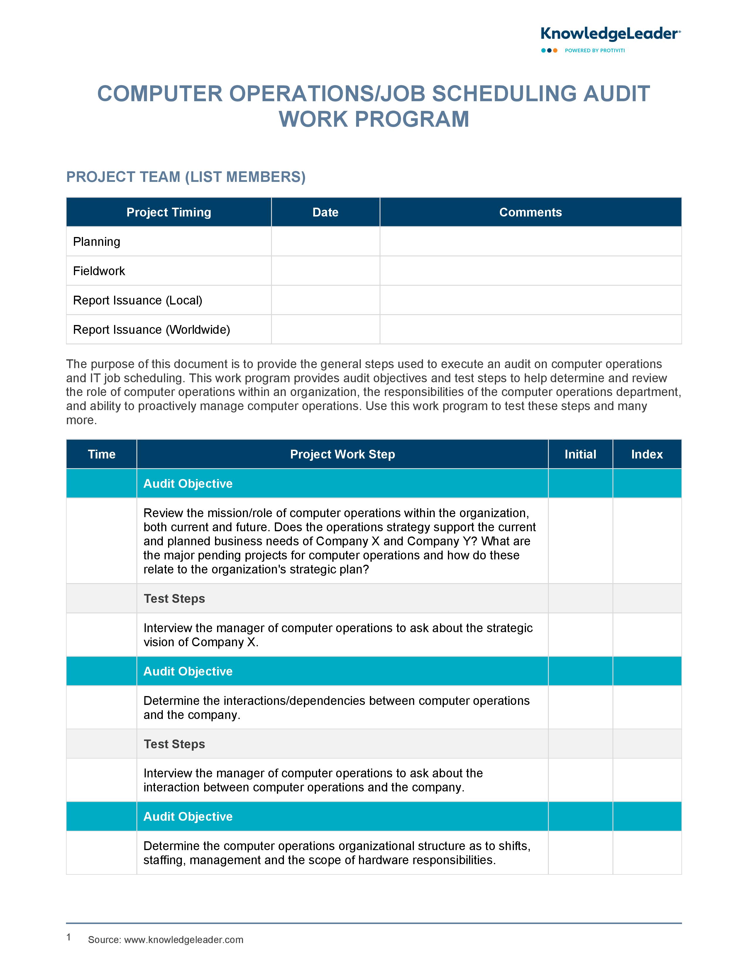 screenshot of the first page of Computer Operations Job Scheduling Audit Work Program