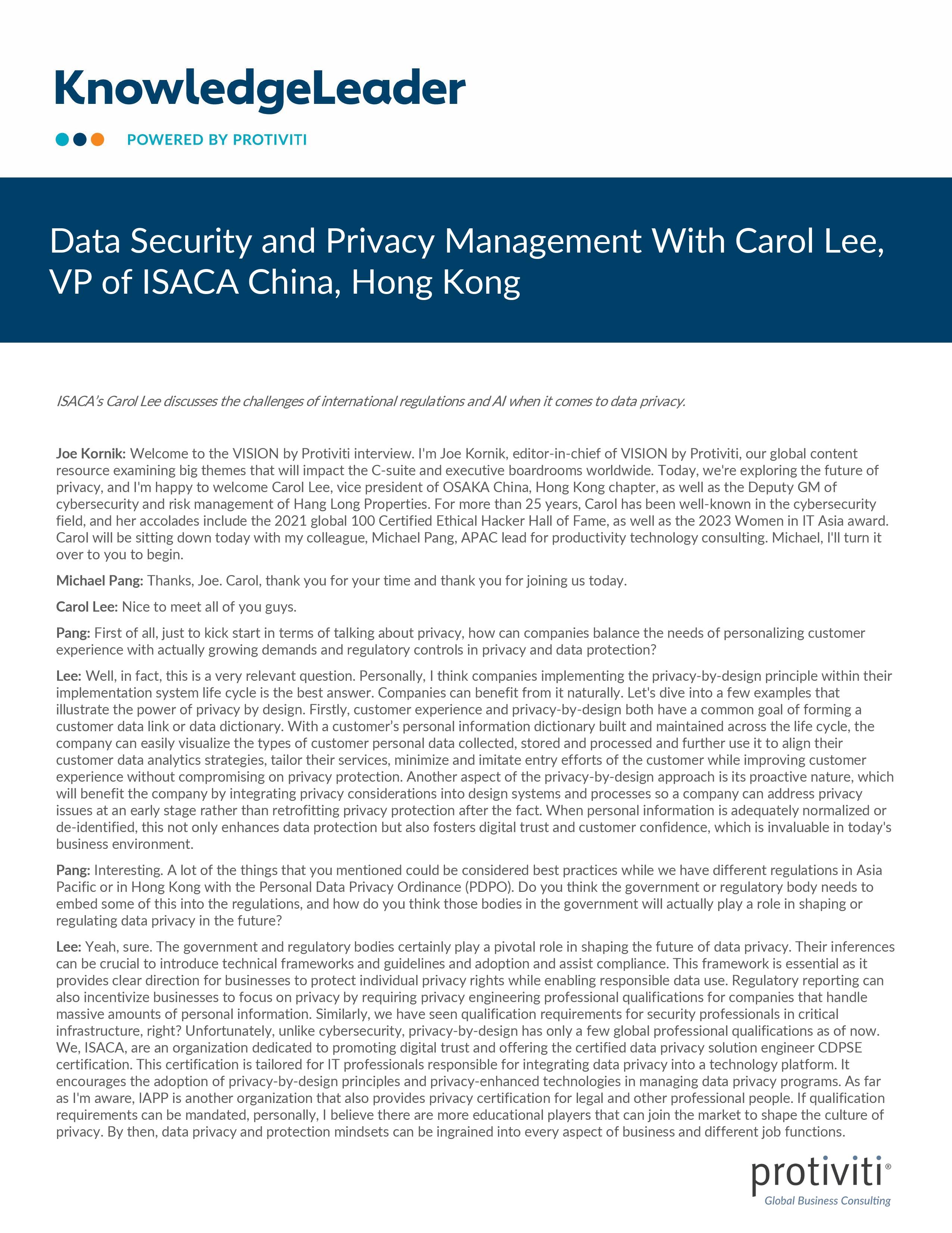 Screenshot of the first page of Data Security and Privacy Management With Carol Lee, VP of ISACA China, Hong Kong