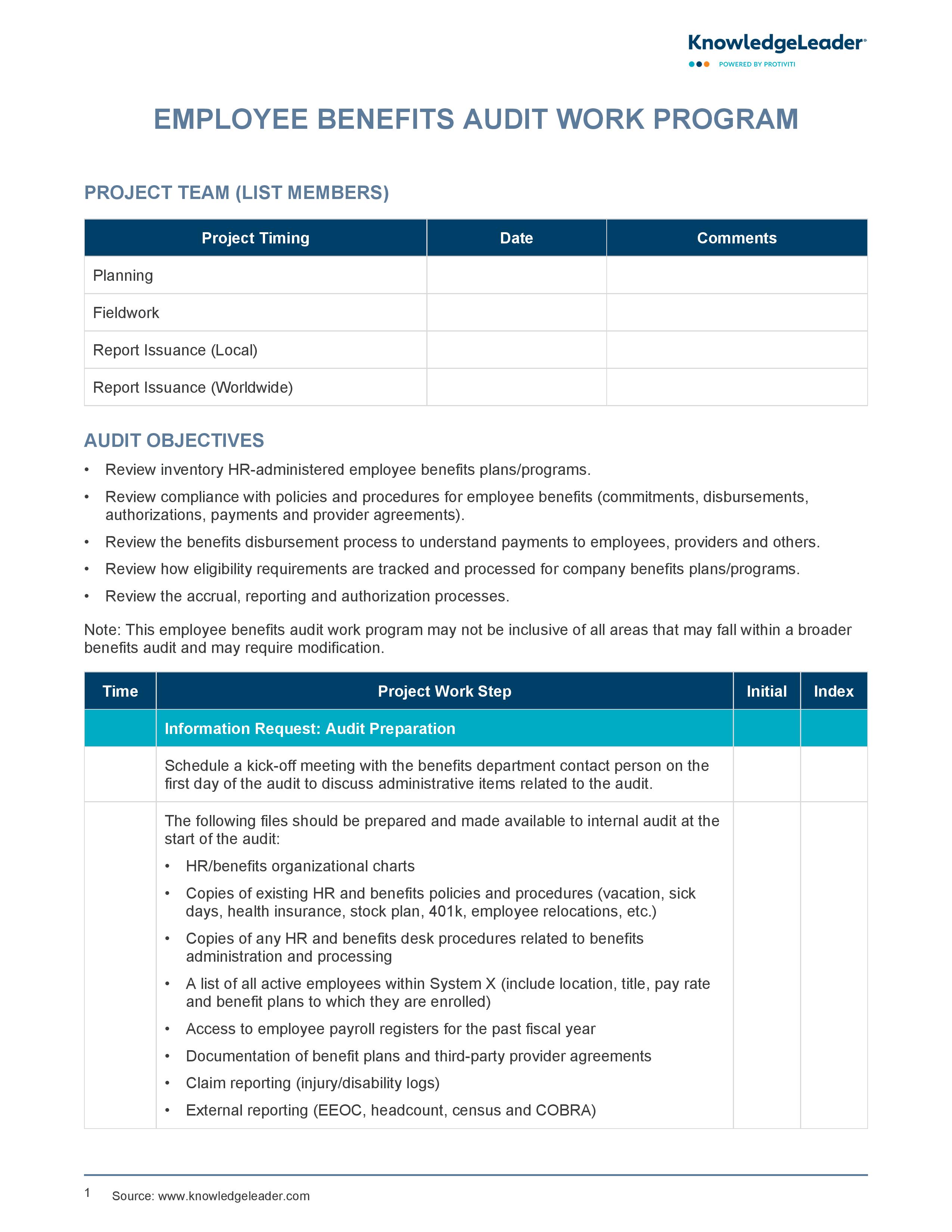 screenshot of the first page of Employee Benefits Audit Work Program