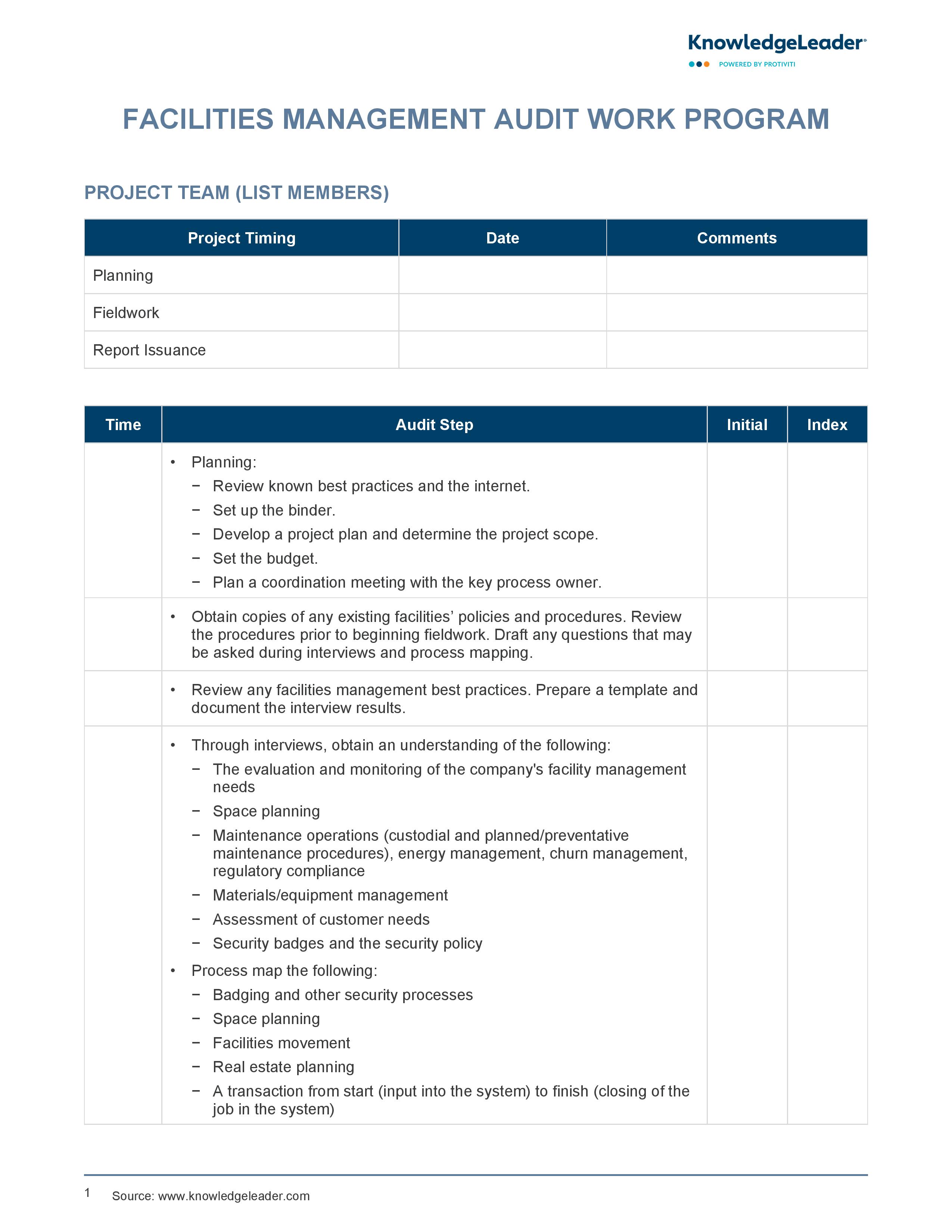 screenshot of the first page of Facilities Management Audit Work Program