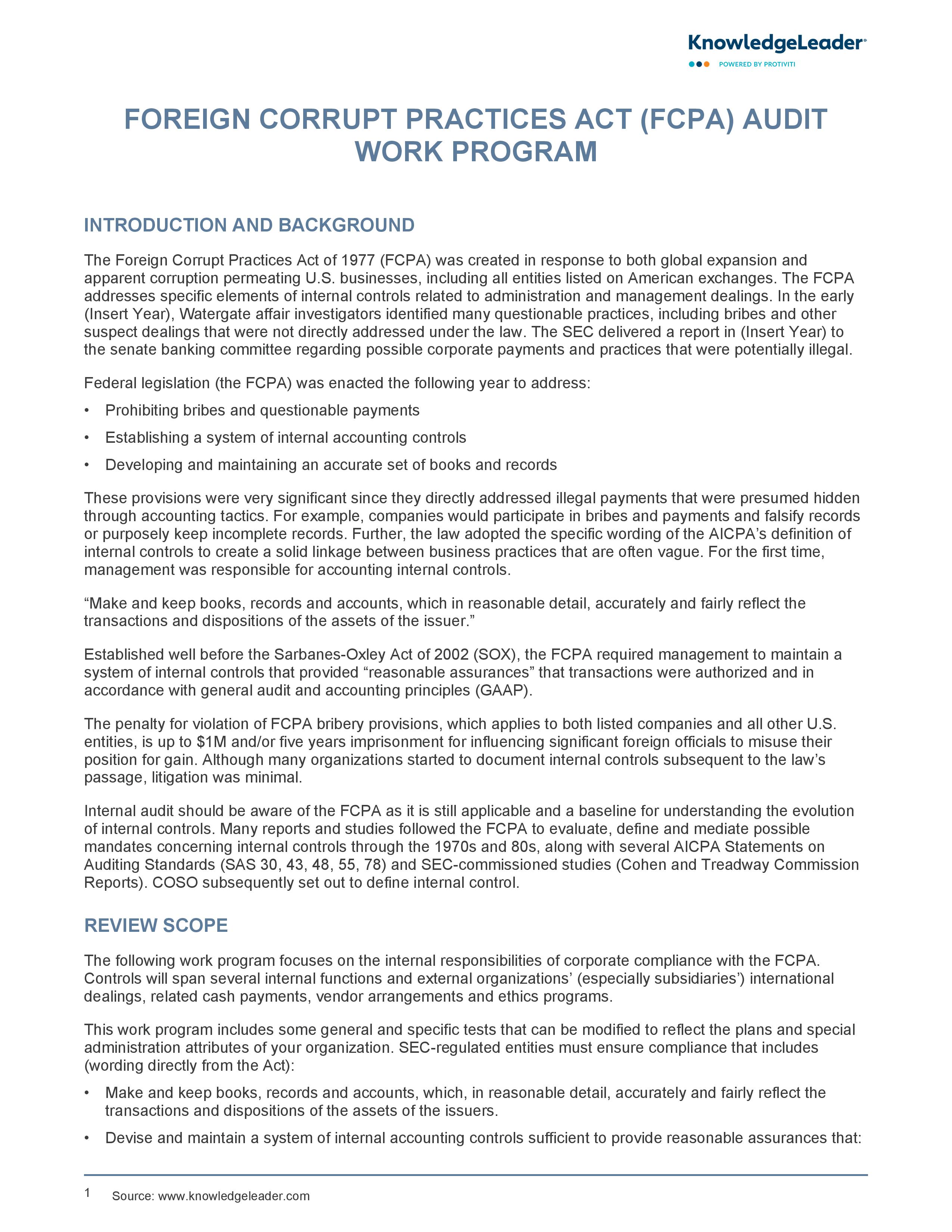 screenshot of the first page of Foreign Corrupt Practices Act (FCPA) Audit Work Program