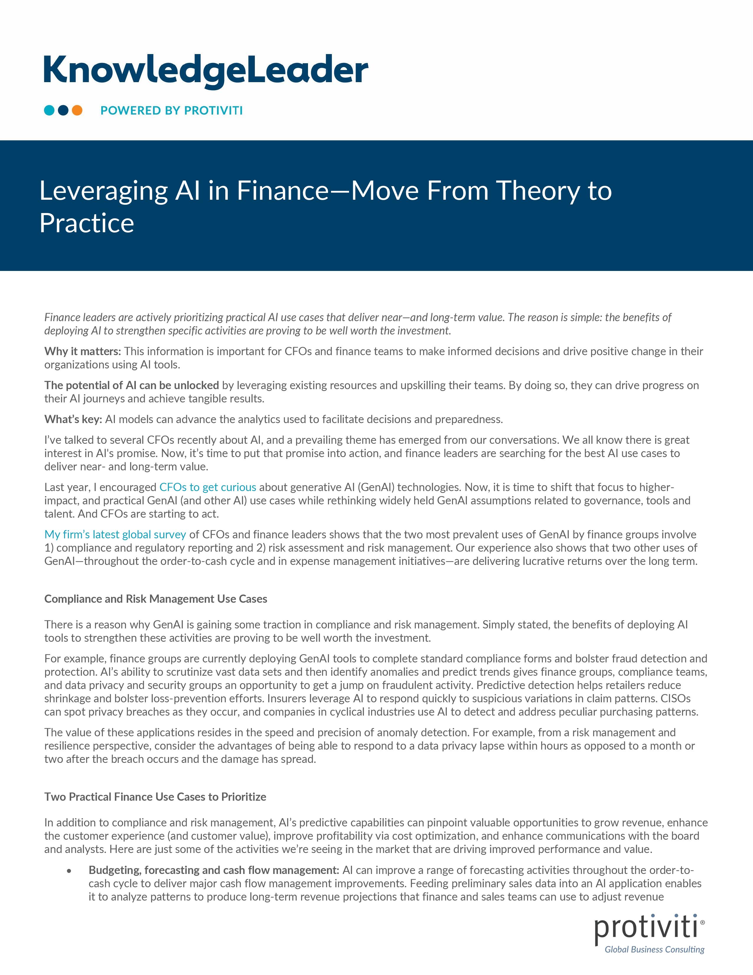 screenshot of the first page of Leveraging AI in Finance—Move From Theory to Practice