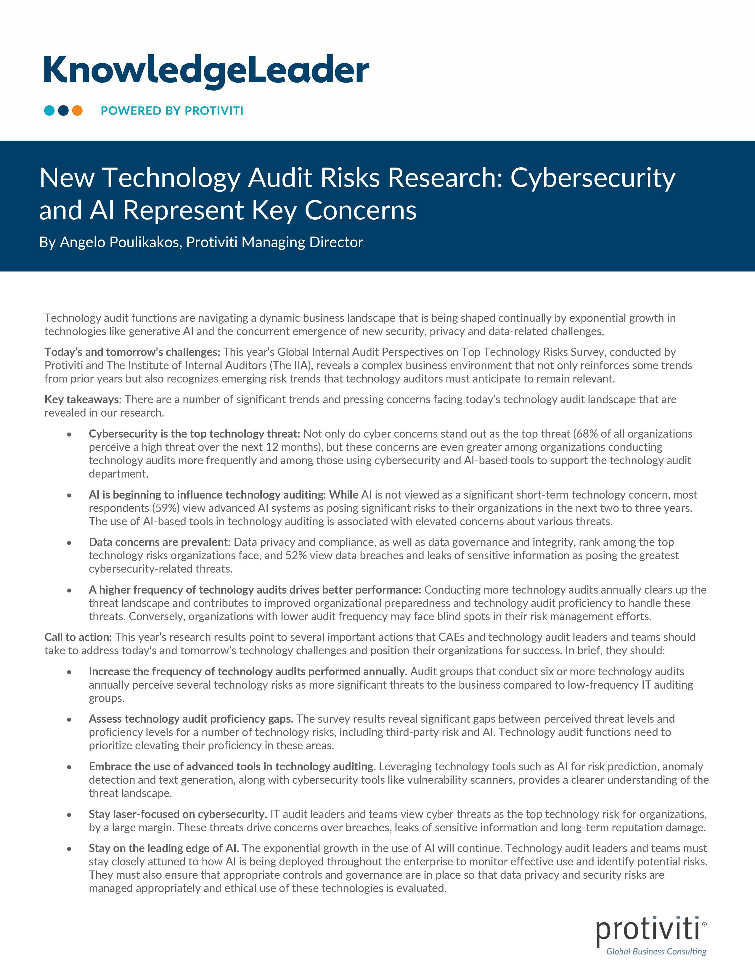 screenshot of the first page of New Technology Audit Risks Research Cybersecurity and AI Represent Key Concerns