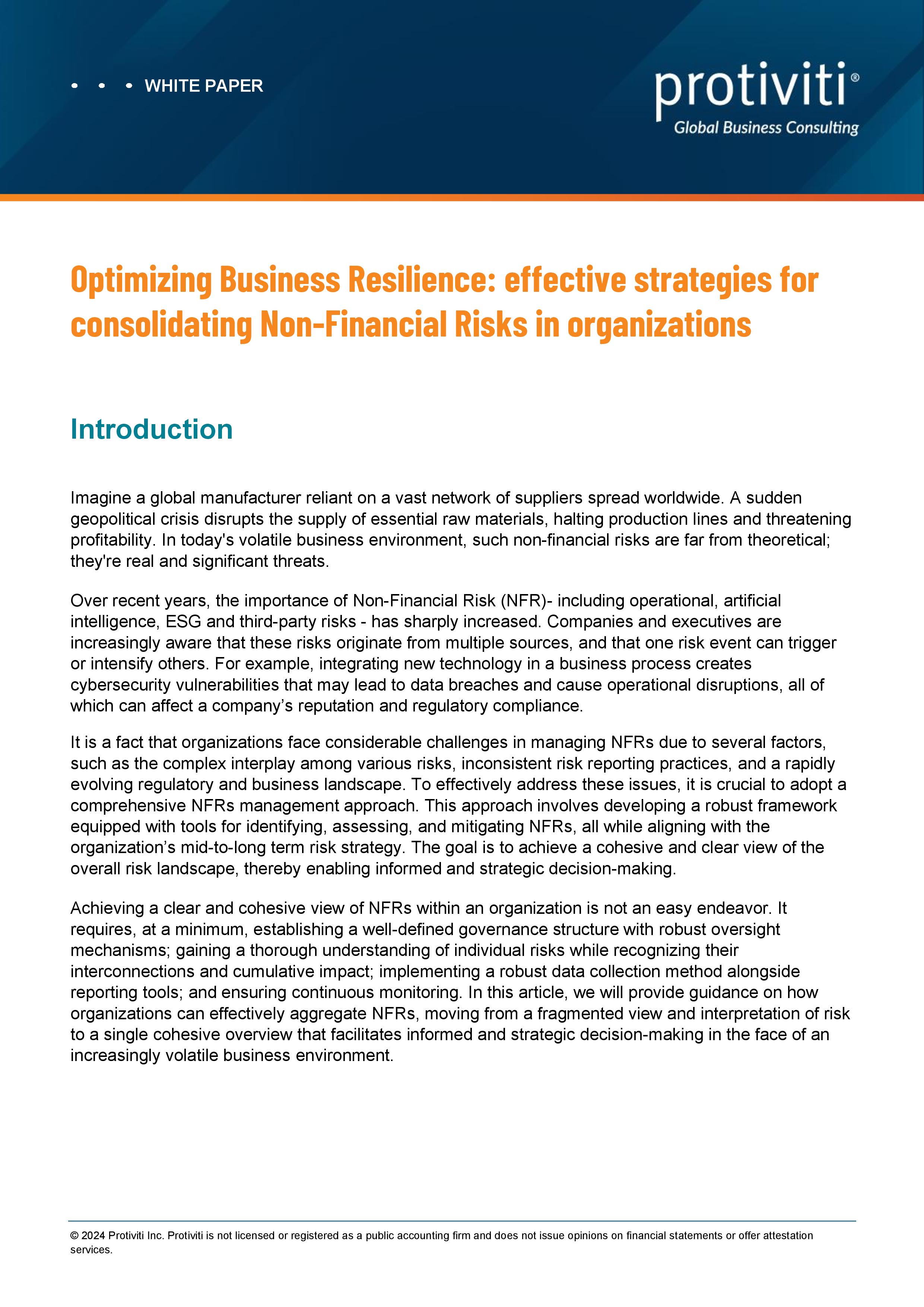 screenshot of the first page of Optimizing Business Resilience Effective Strategies for Consolidating Non-Financial Risks in Organizations