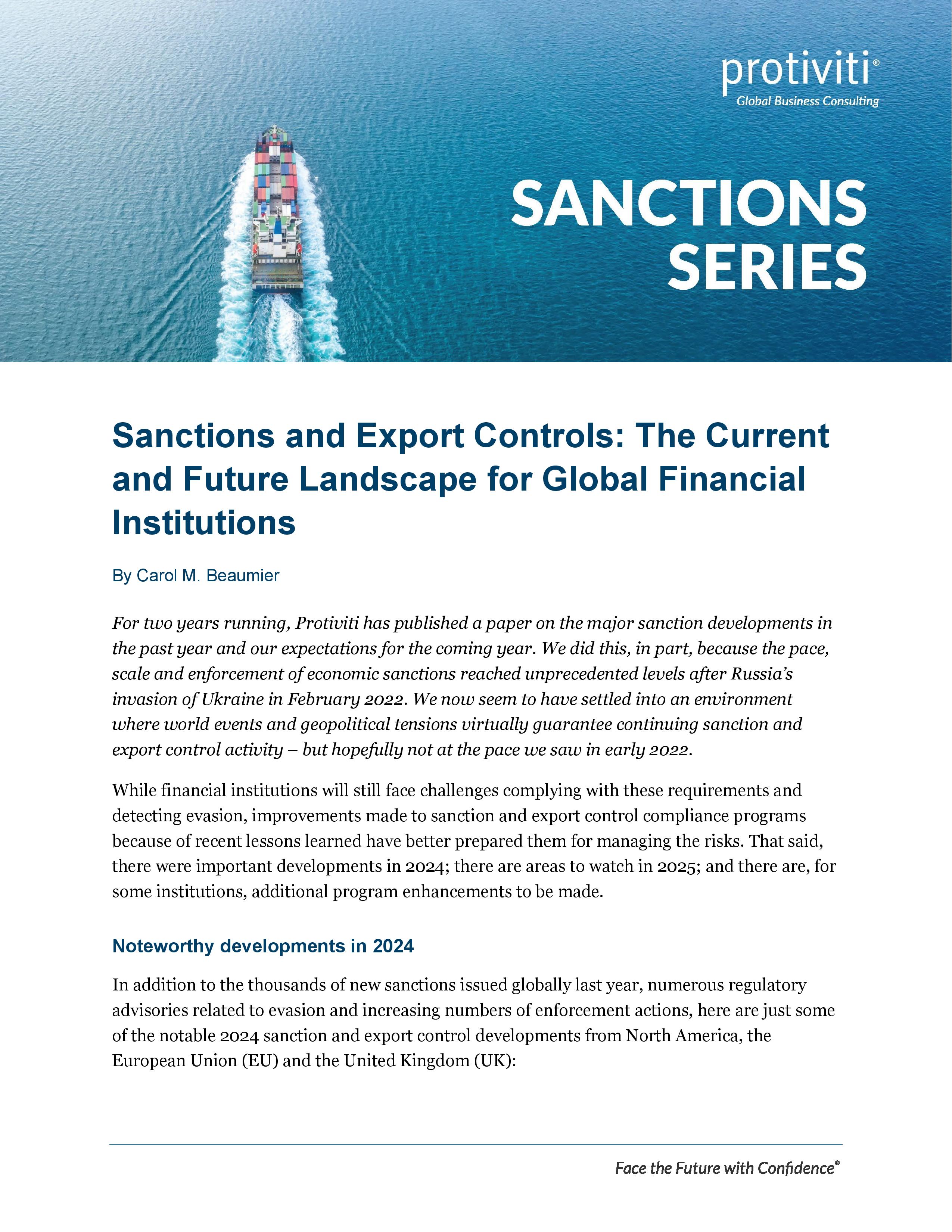 screenshot of the first page of Sanctions and Export Controls the Current and Future Landscape for Global Financial Institutions