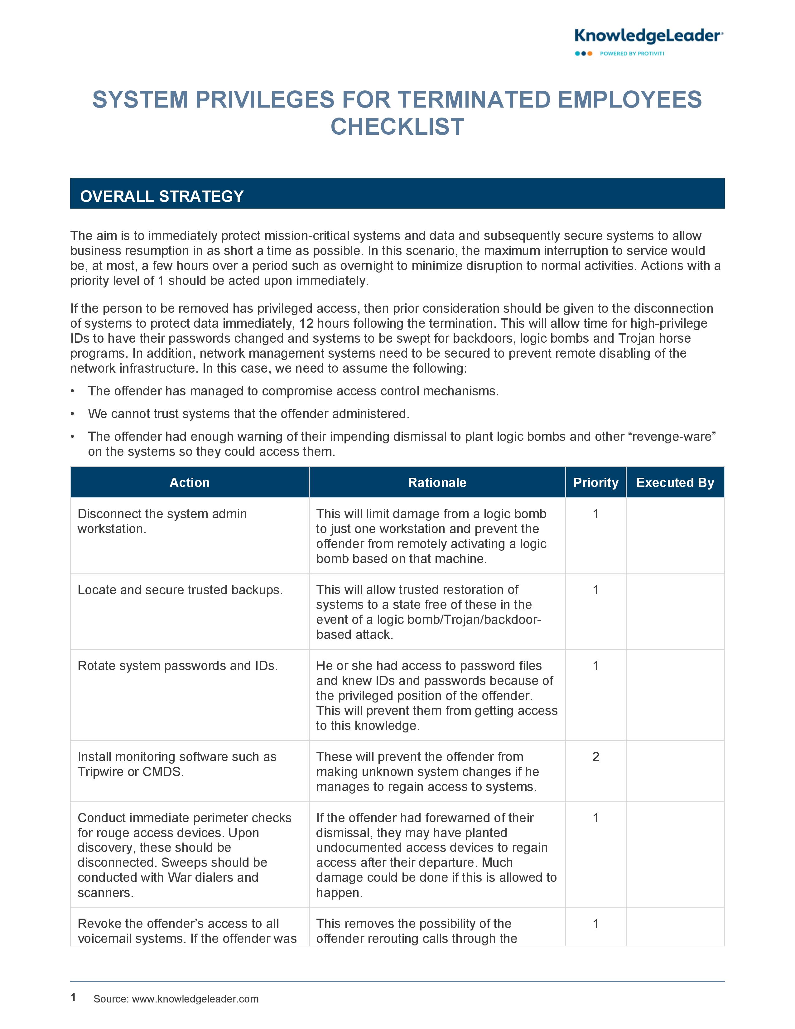 Screenshot of the first page of System Privileges for Terminated Employees Checklist