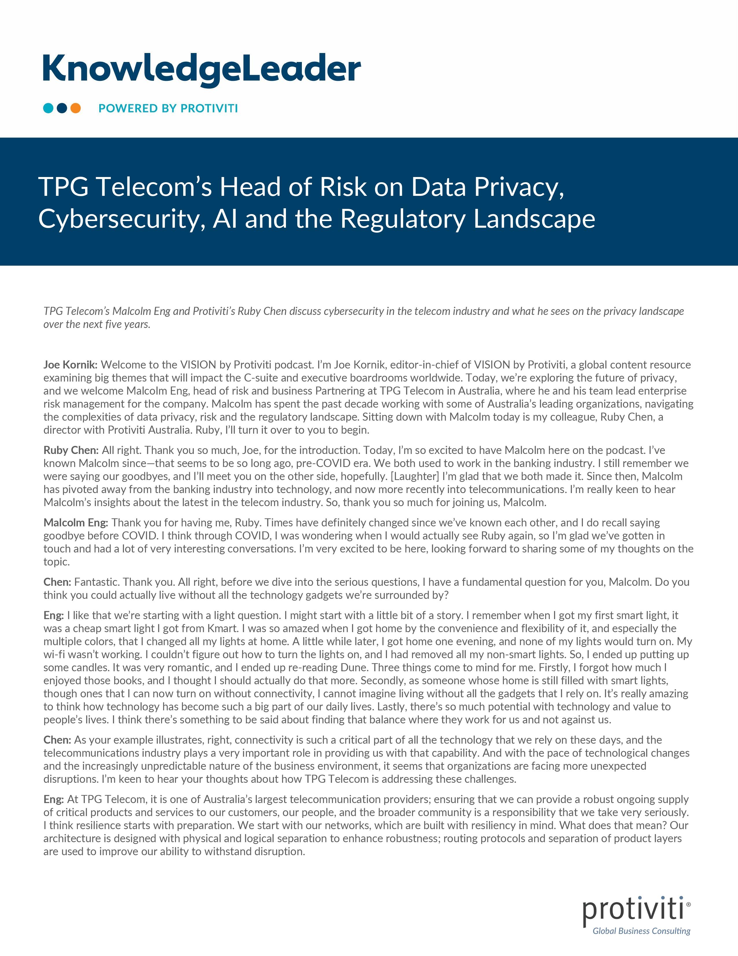 screenshot of the first page of TPG Telecom’s Head of Risk on Data Privacy, Cybersecurity, AI and the Regulatory Landscape