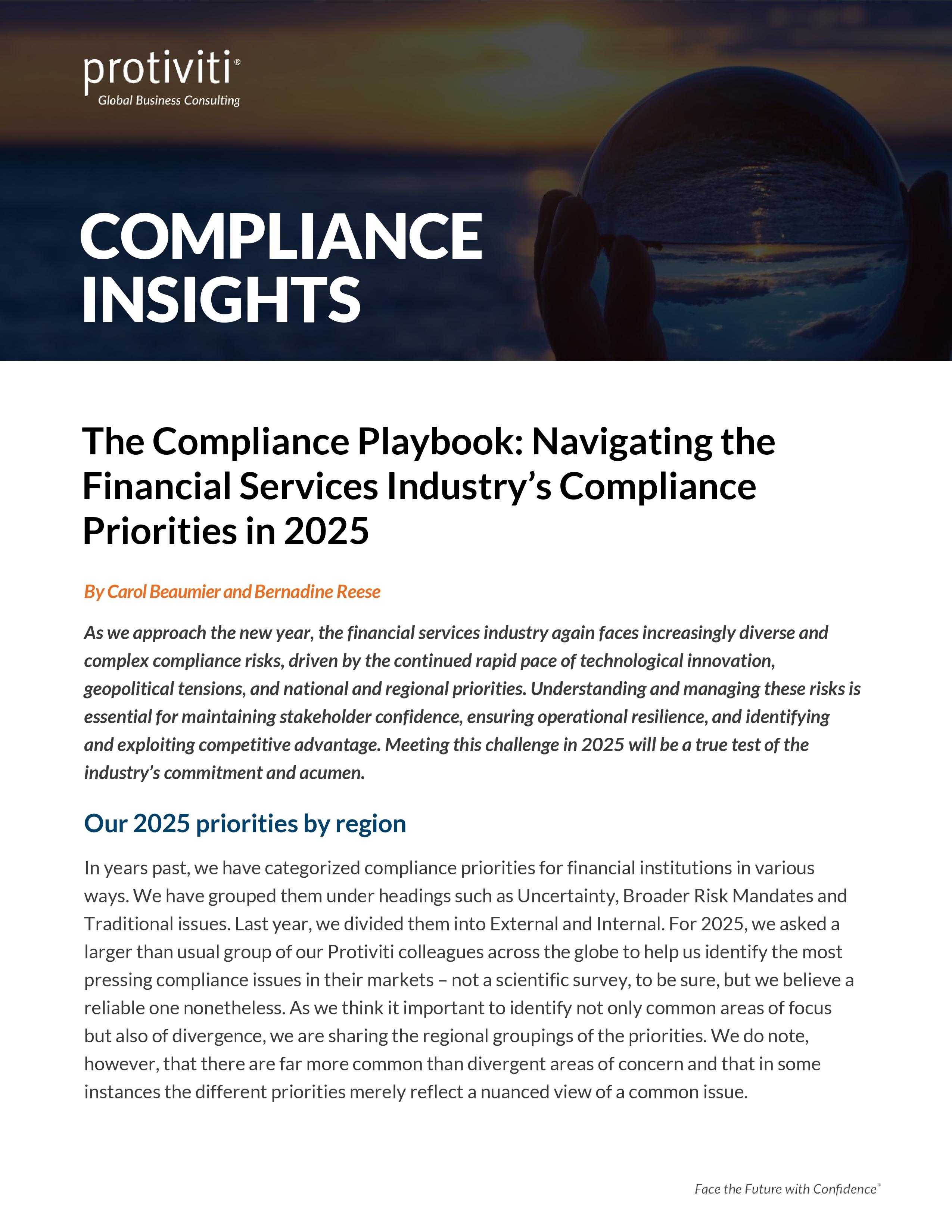 screenshot of the first page of The Compliance Playbook Navigating the Financial Services Industry’s Compliance Priorities in 2025