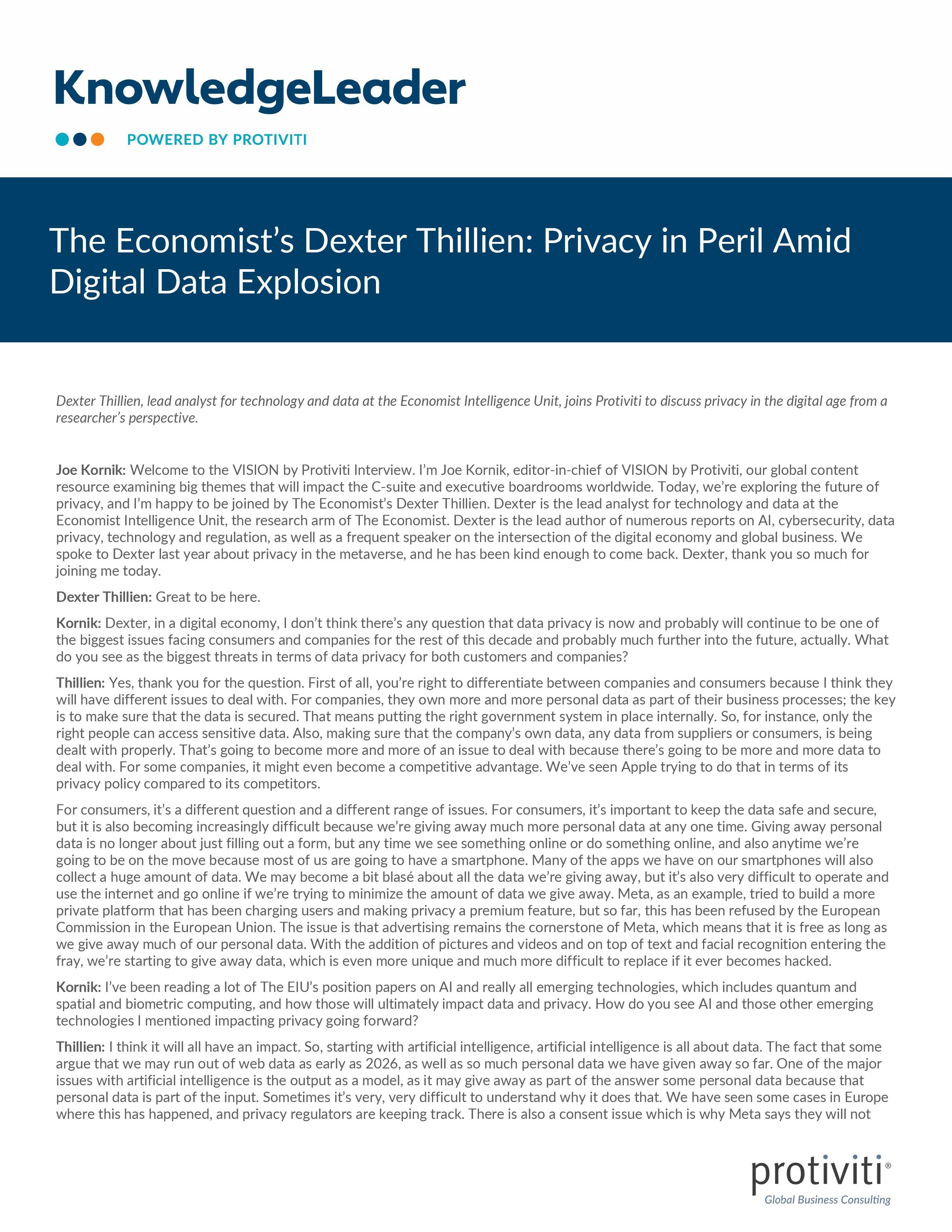 screenshot of the first page of The Economist’s Dexter Thillien Privacy in Peril Amid Digital Data Explosion