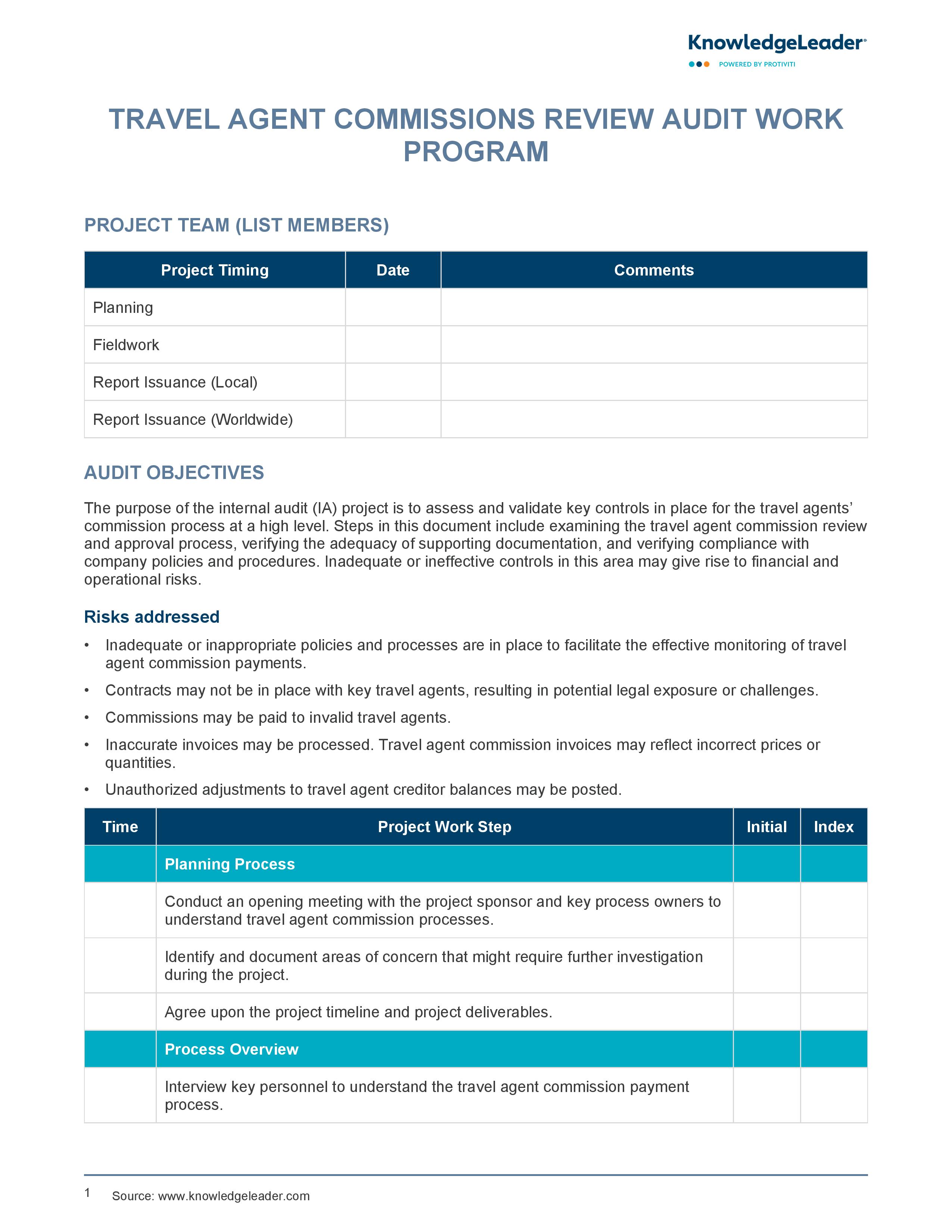 Screenshot of the first page of Travel Agent Commissions Review Audit Work Program