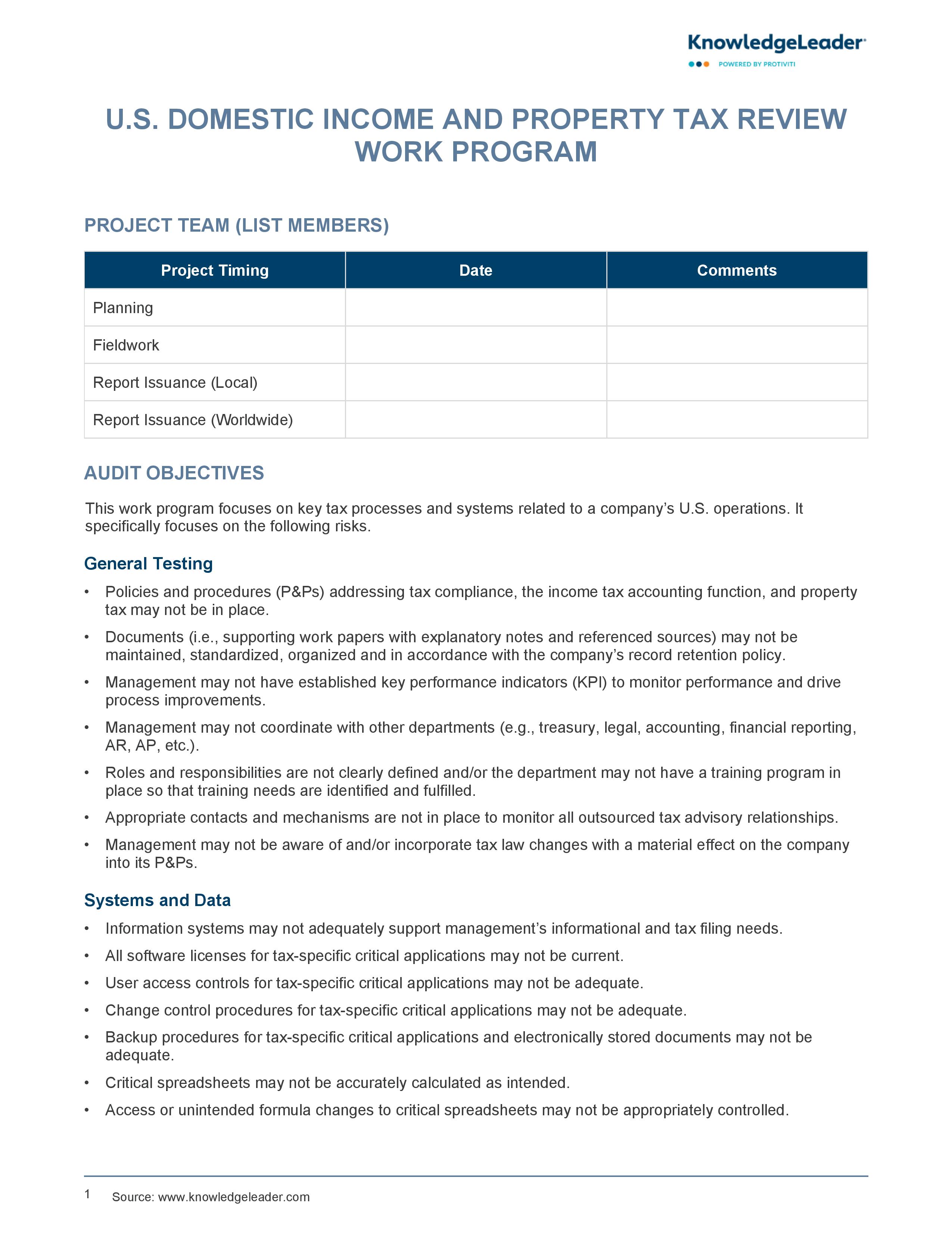 Screenshot of the first page of U.S. Domestic Income and Property Tax Review Audit Work Program