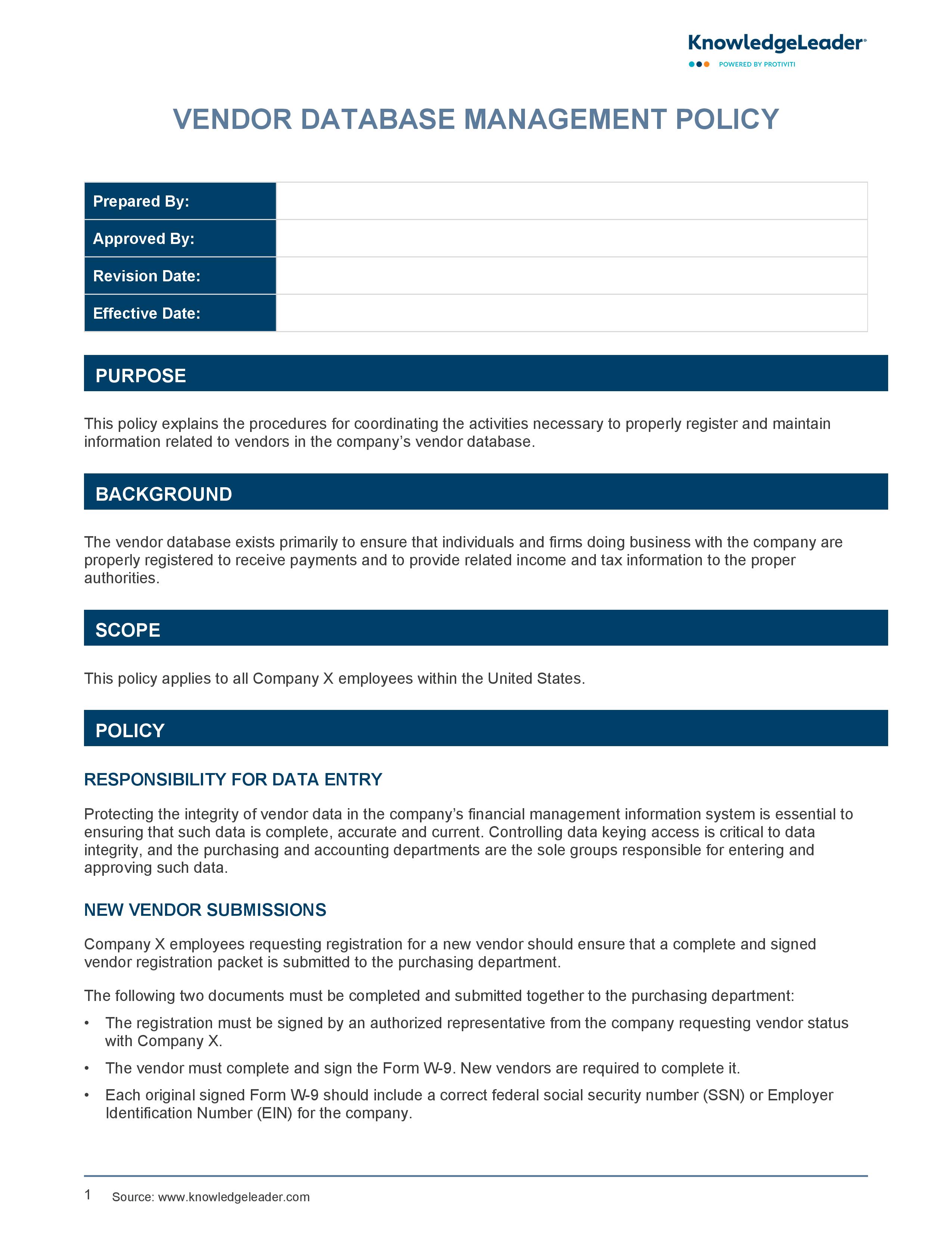 screenshot of the first page of Vendor Database Management Policy