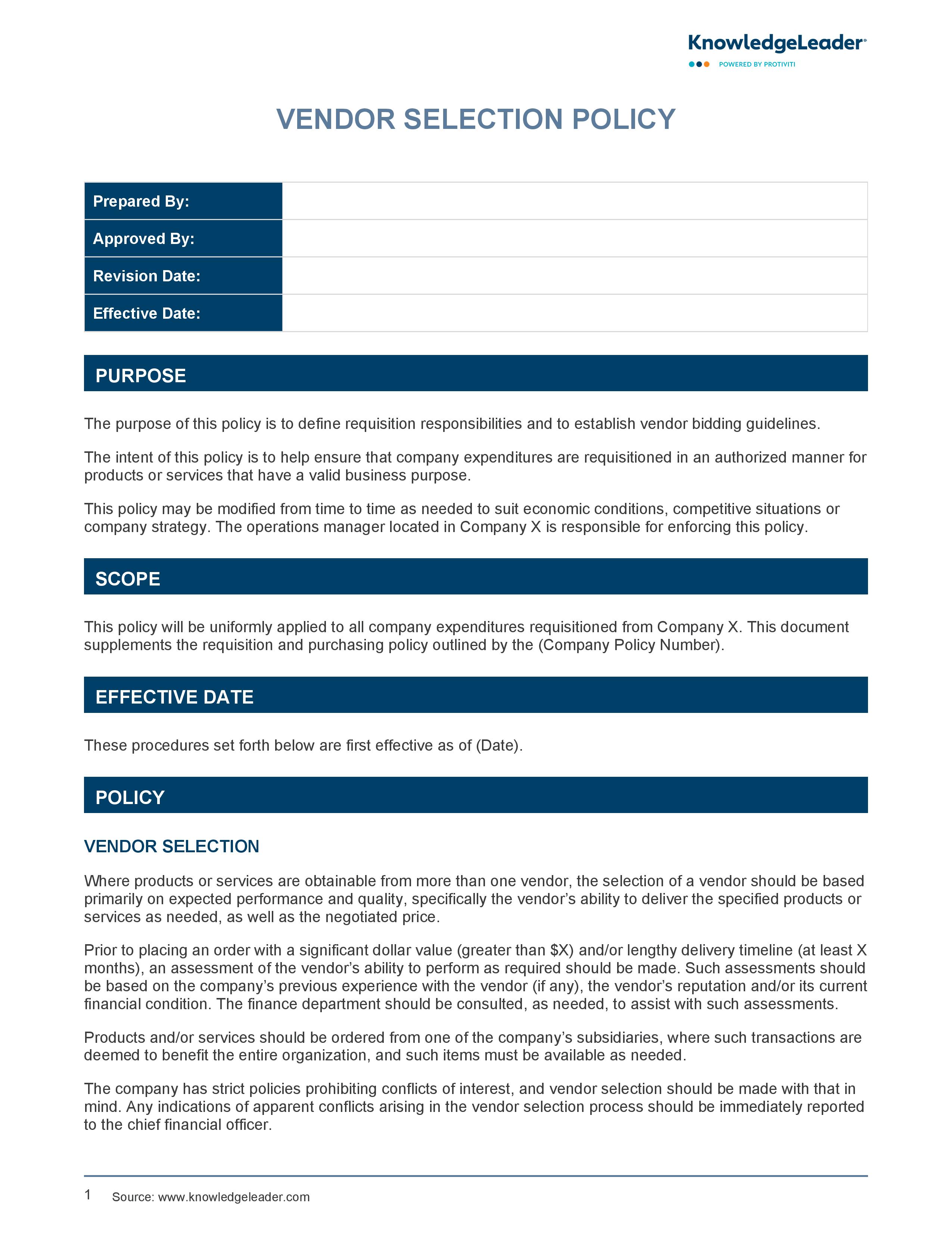 screenshot of the first page of Vendor Selection Policy