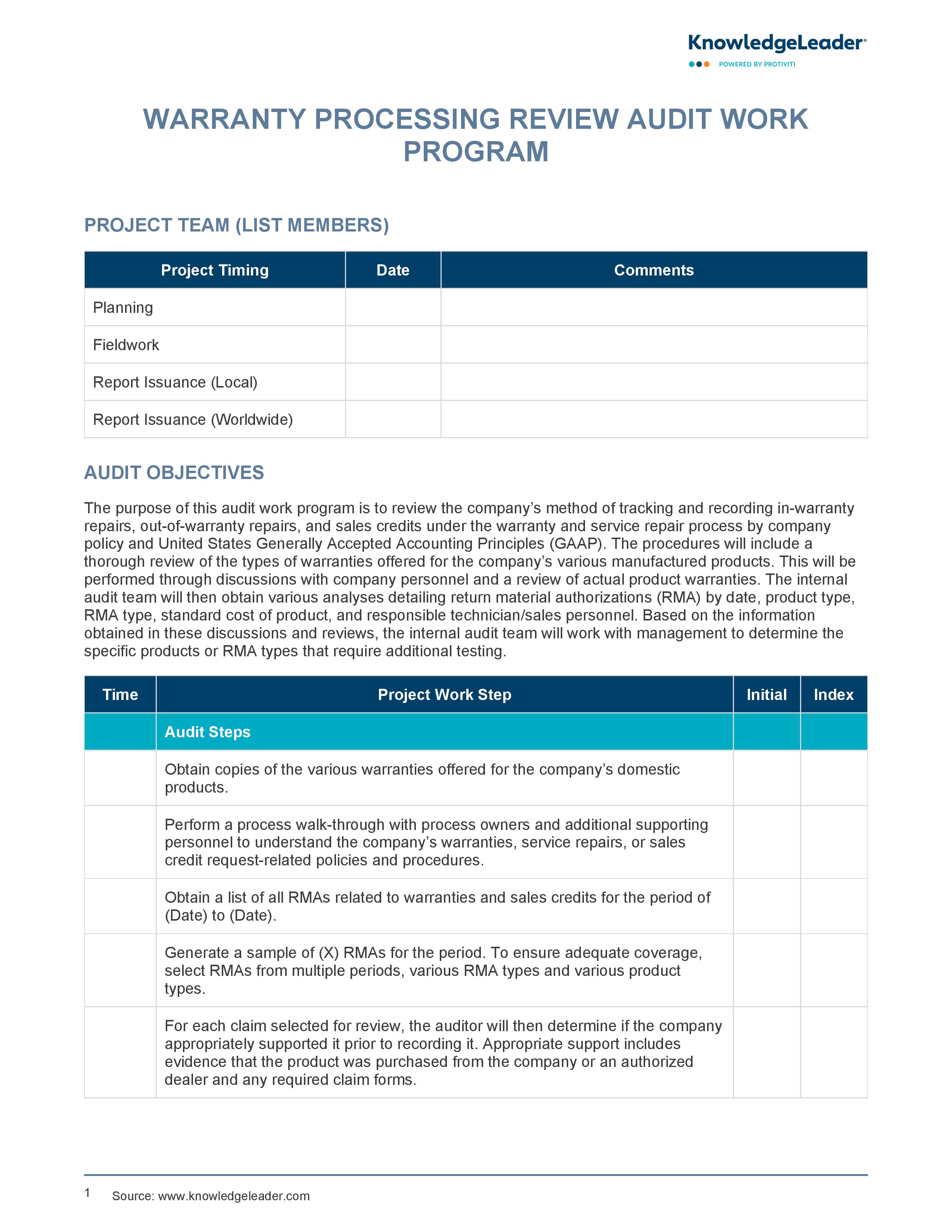 Screenshot of the first page of Warranty Processing Review Audit Work Program