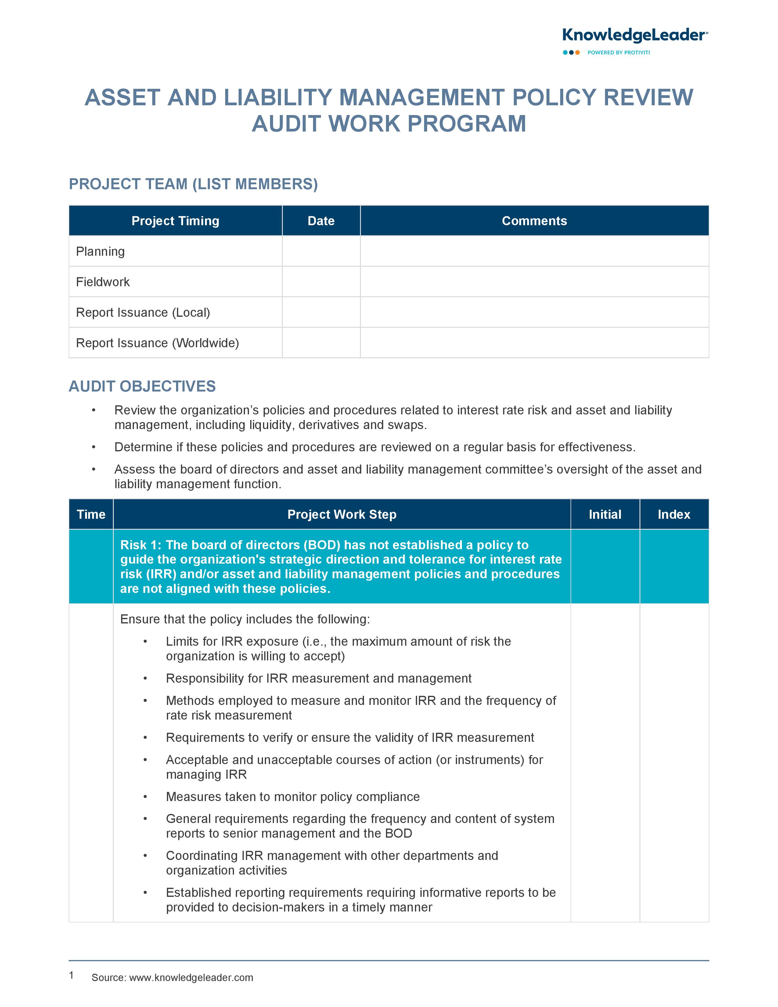 Screenshot of the first page of Asset and Liability Management Policy Review Audit Work Program