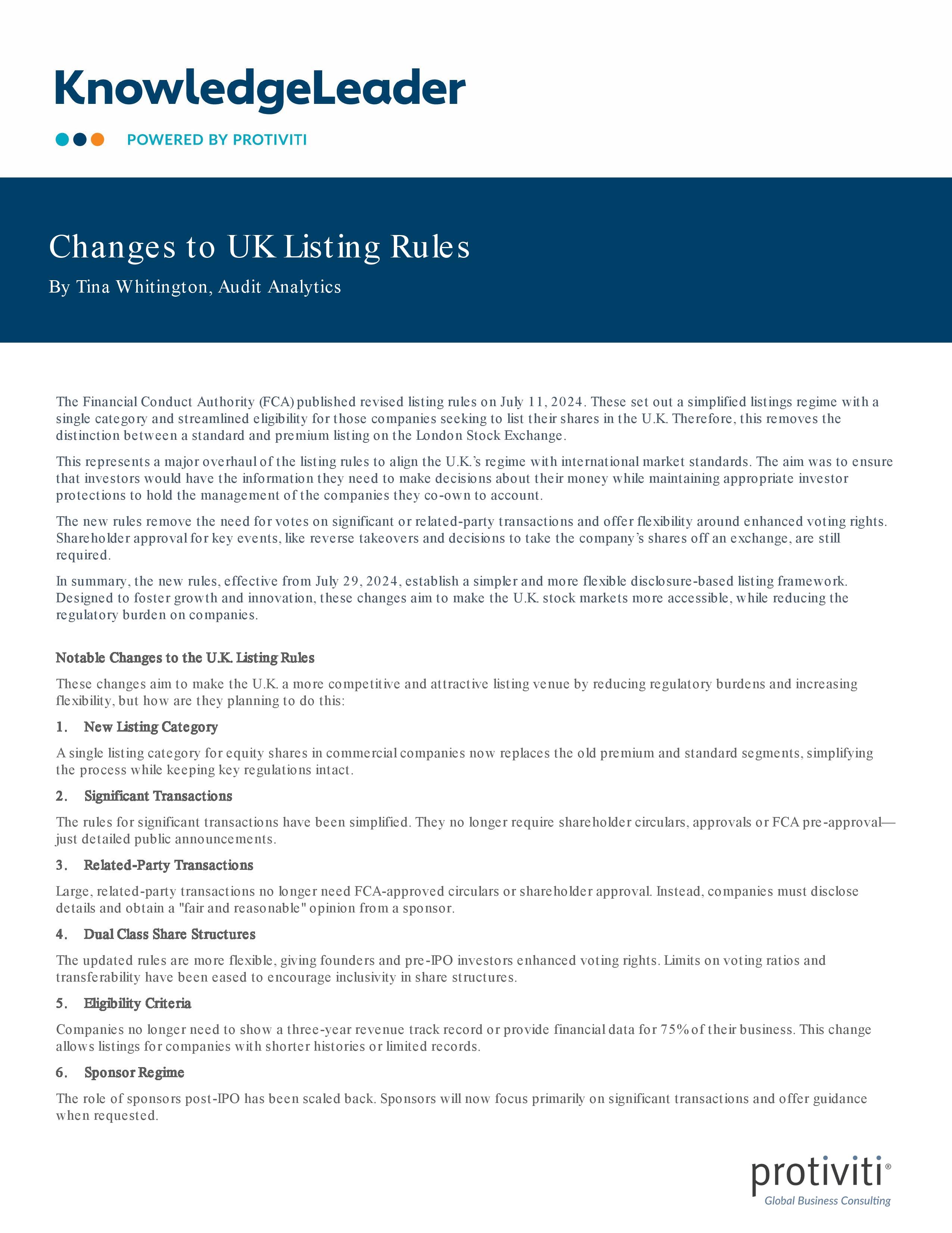 screenshot of the first page of Changes to UK Listing Rules 