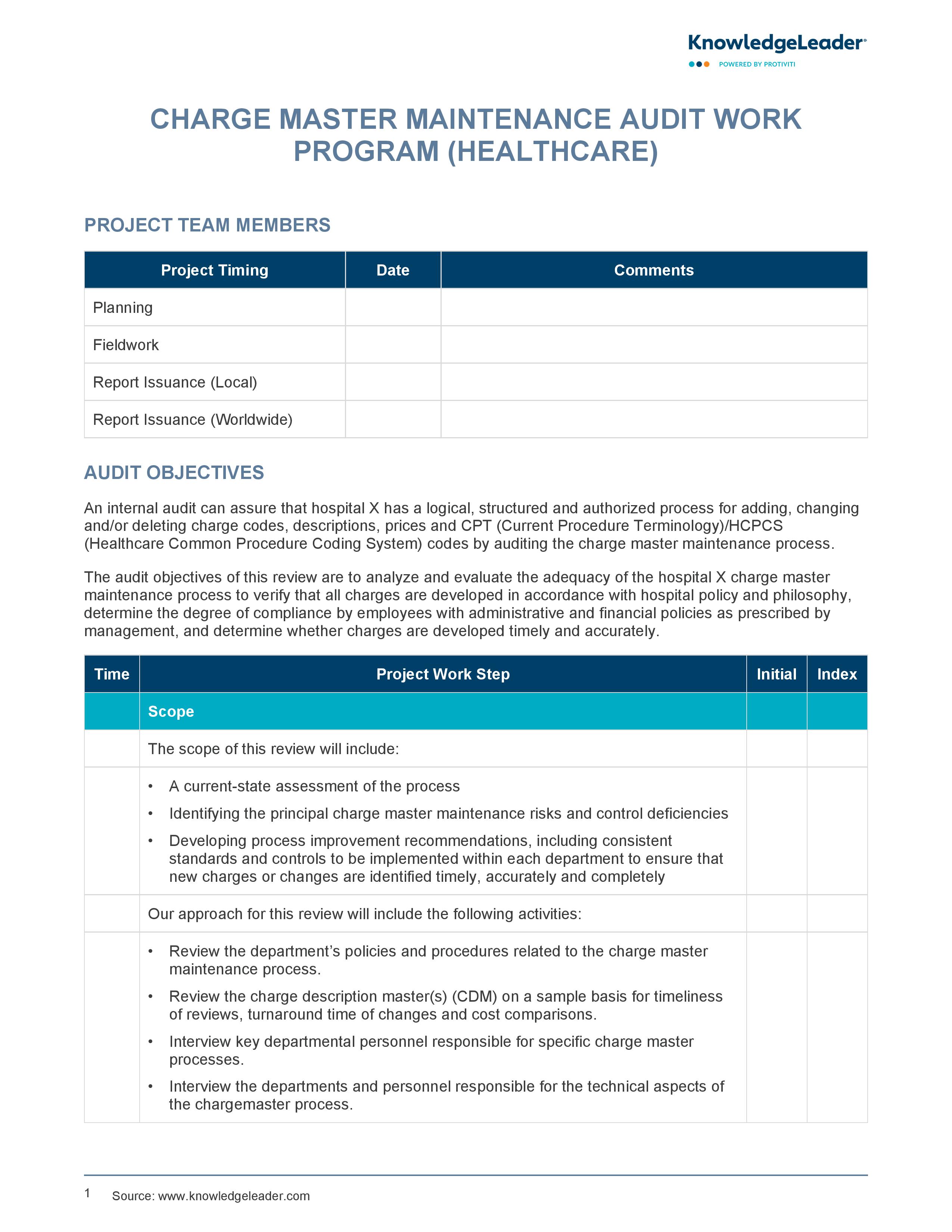 screenshot of the first page of Charge Master Maintenance Audit Work Program (Healthcare)