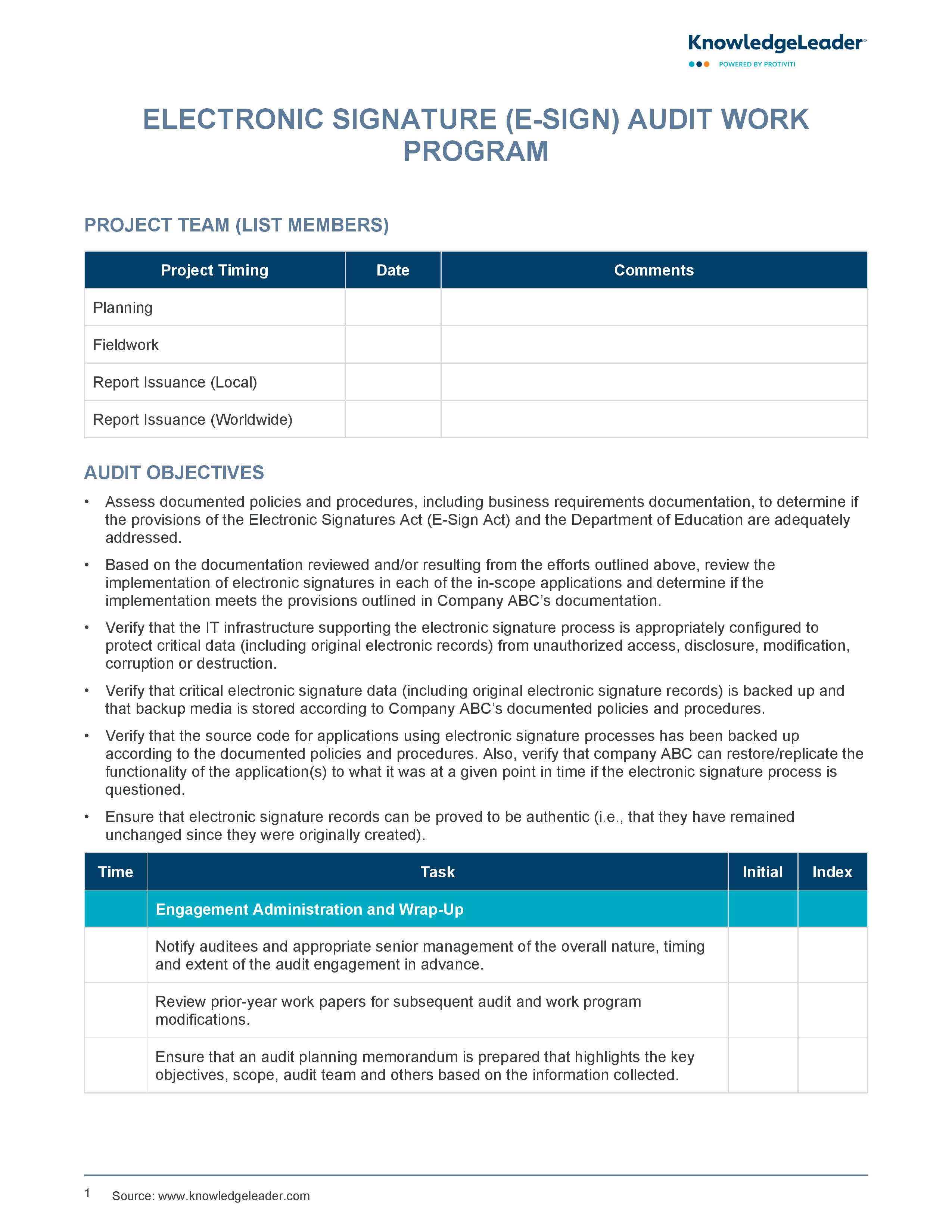 Screenshot of the first page of Electronic Signature (E-Sign) Audit Work Program