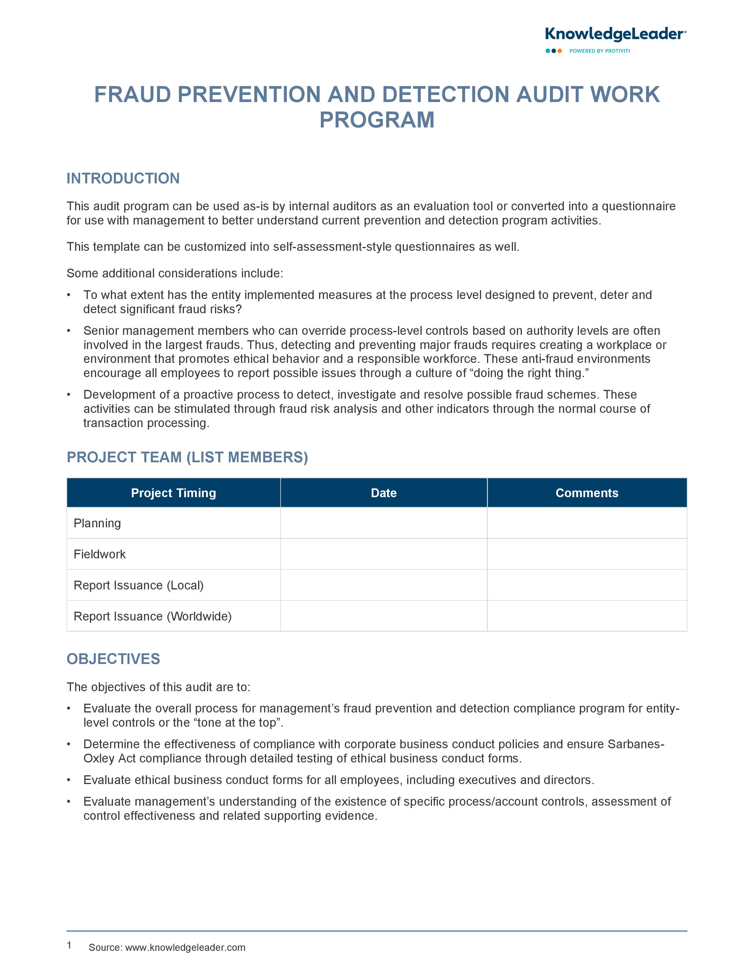 screenshot of the first page of Fraud Prevention and Detection Audit Work Program