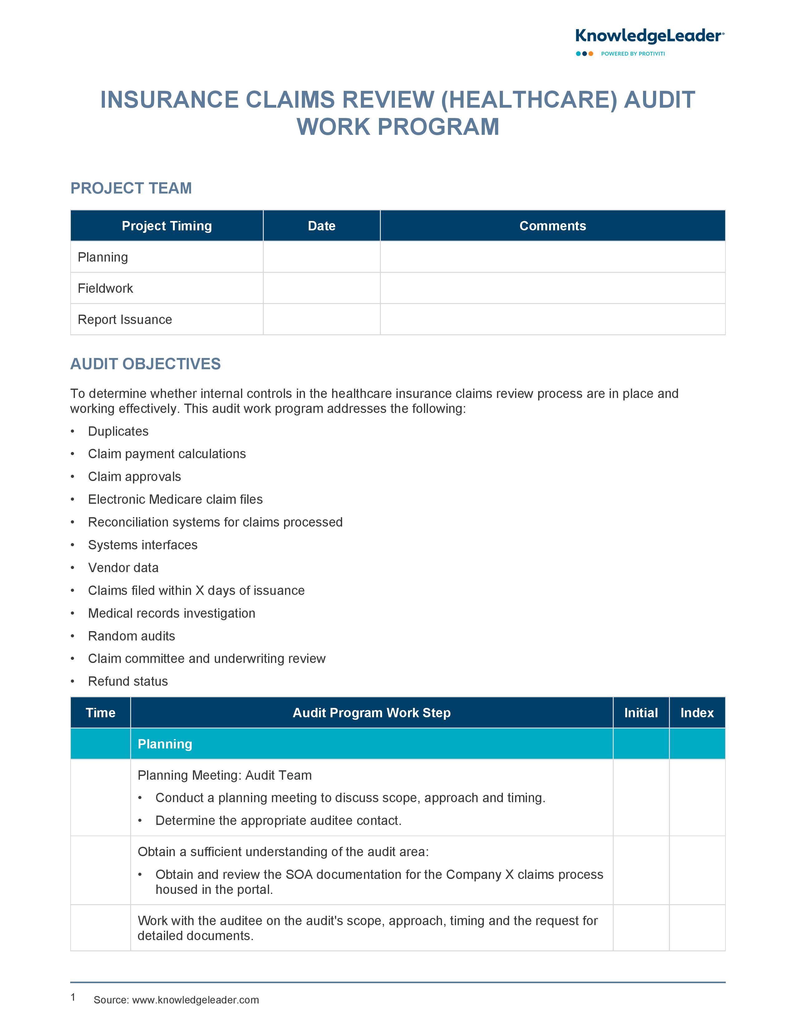 screenshot of the first page of Insurance Claims Review (Healthcare) Audit Work Program