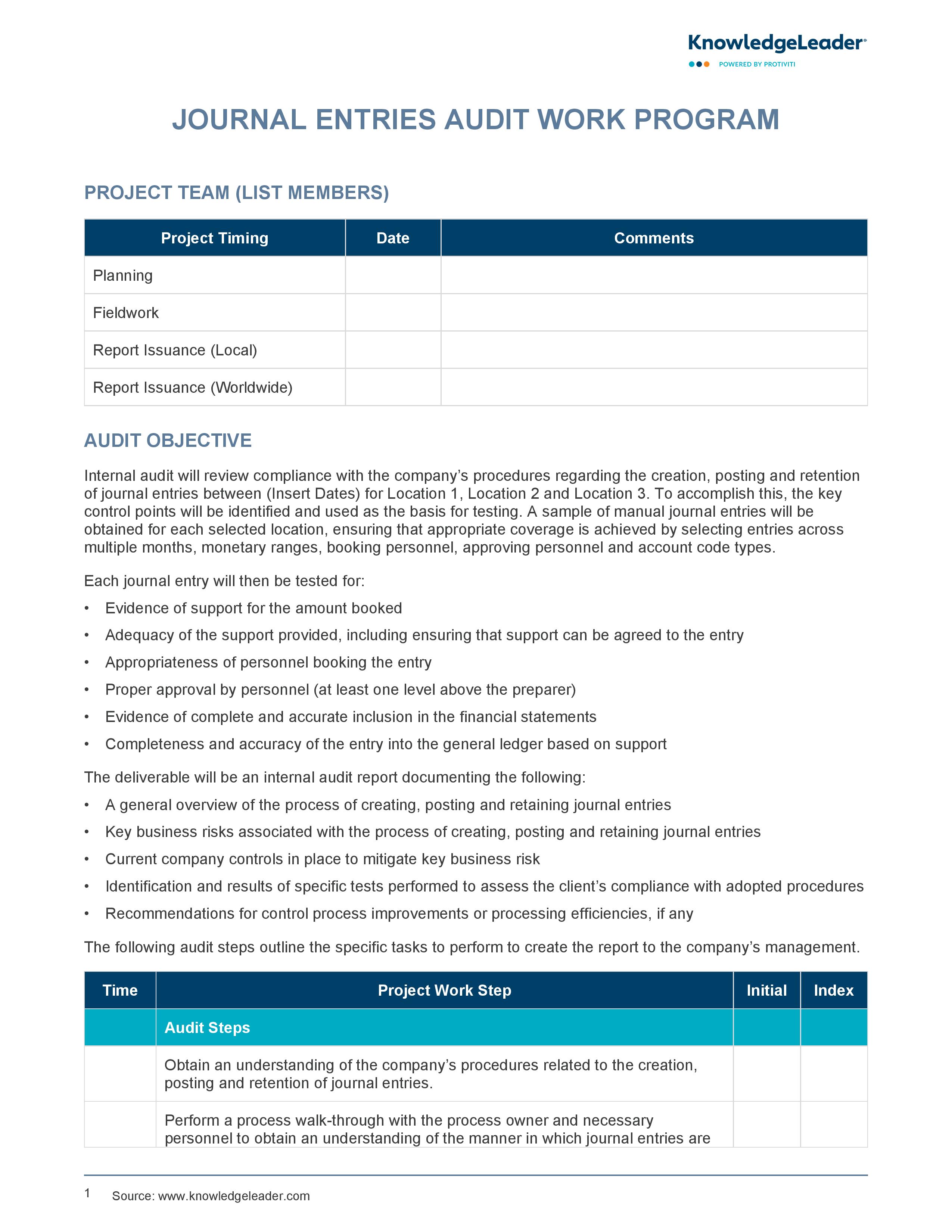 screenshot of the first page of Journal Entries Audit Work Program