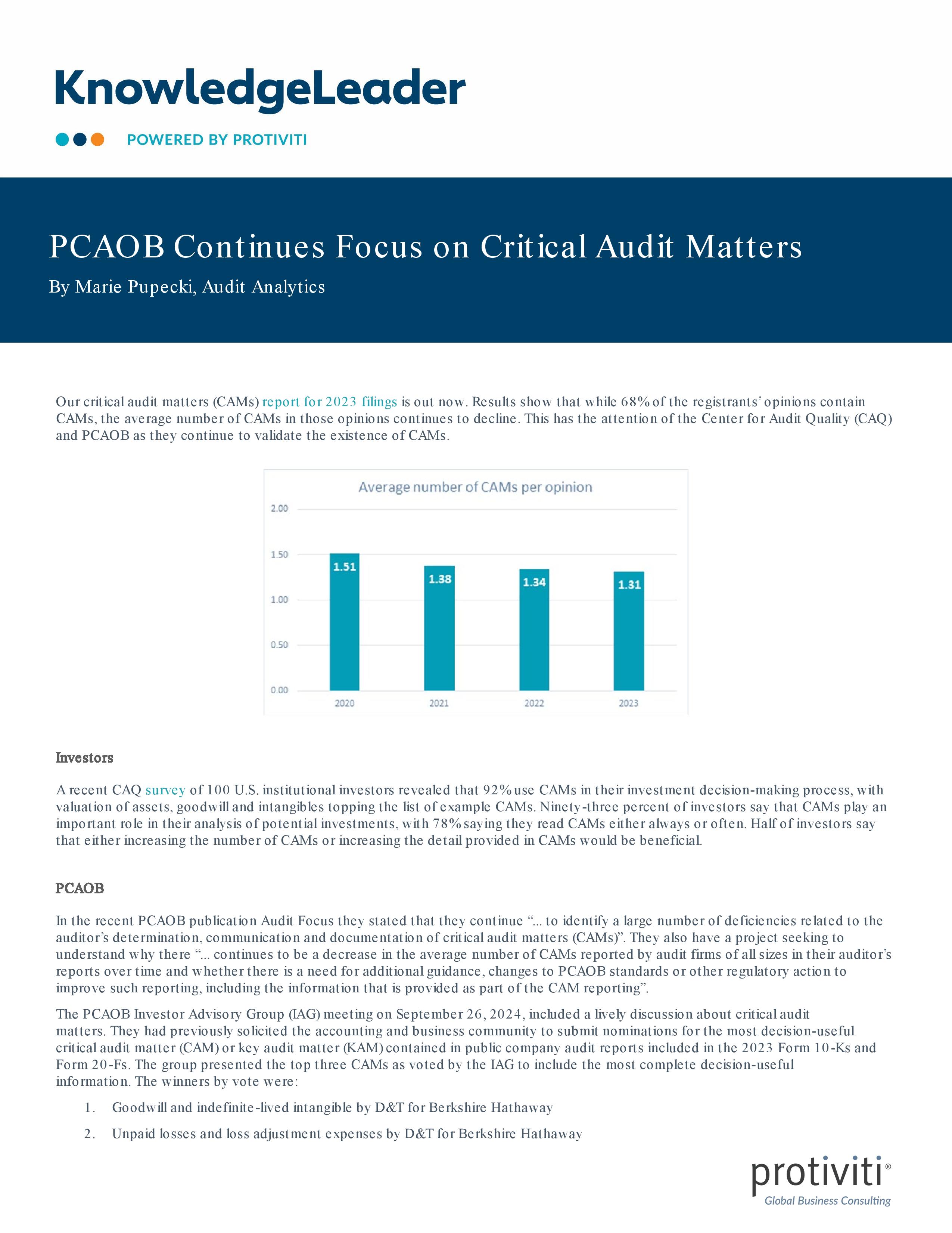 screenshot of the first page of PCAOB Continues Focus on Critical Audit Matters