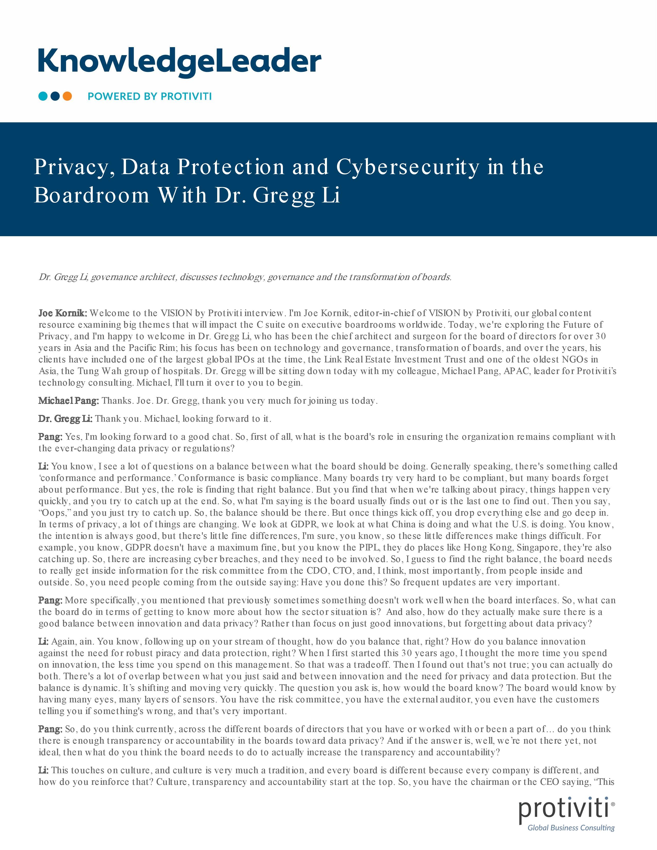 screenshot of the first page of Privacy, Data Protection and Cybersecurity in the Boardroom With Dr. Gregg Li