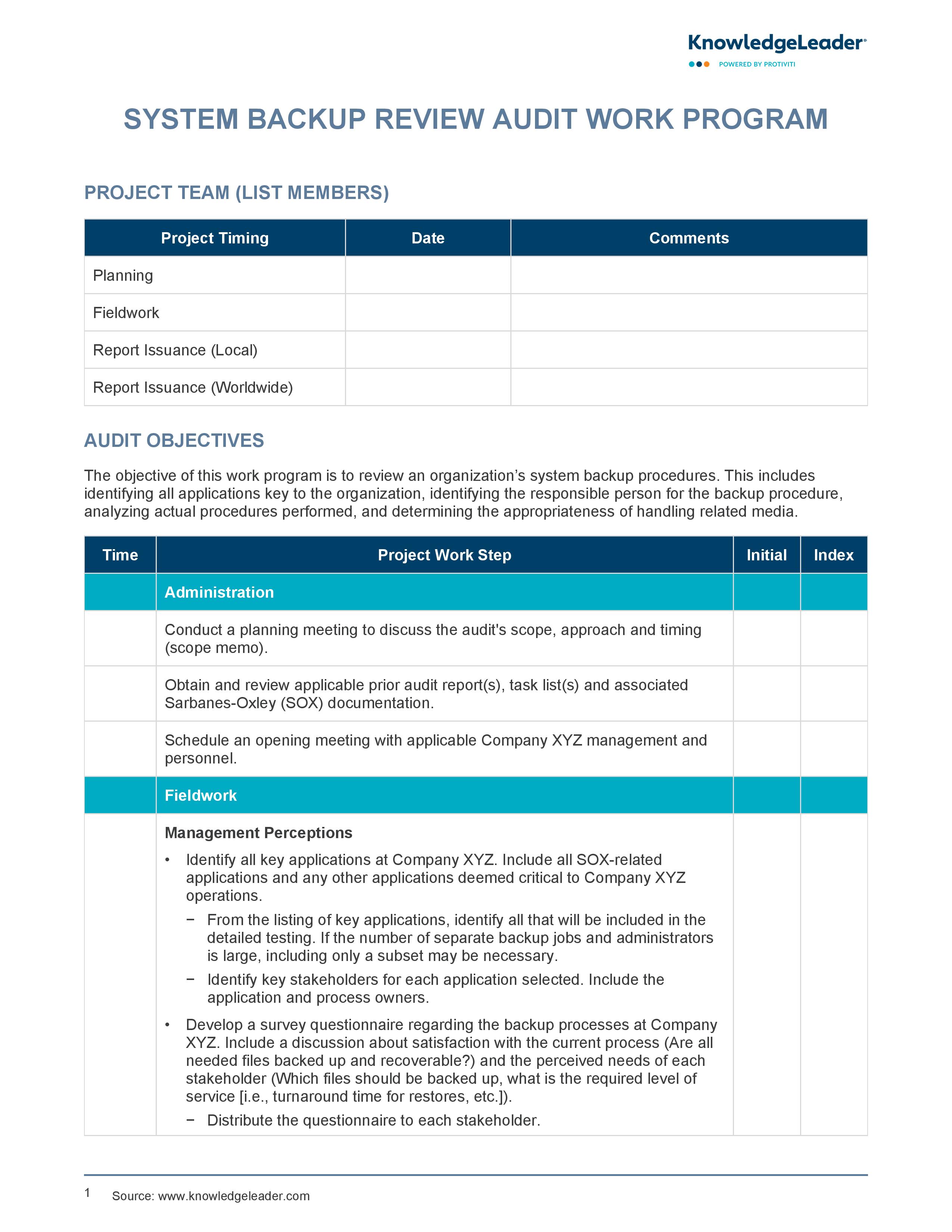 screenshot of the first page of System Backup Review Audit Work Program